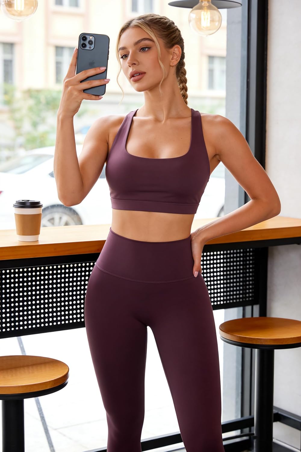Workout Sets for Women 2 Piece Seamless High-Waisted Leggings & Cross Back Padded Sports Bra for Yoga Pilates - Image 6