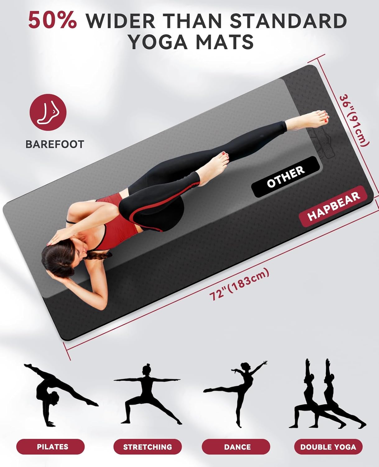 HAPBEAR Large Yoga Mat - 72"x36"x6mm (1/4 inch), Extra Wide Non-Slip Exercise Mat for Home Workout, Yoga, Pilates & Stretching, Durable & Eco-Friendly, Includes Bonus Resistance Bands & Carry Bag - Image 2