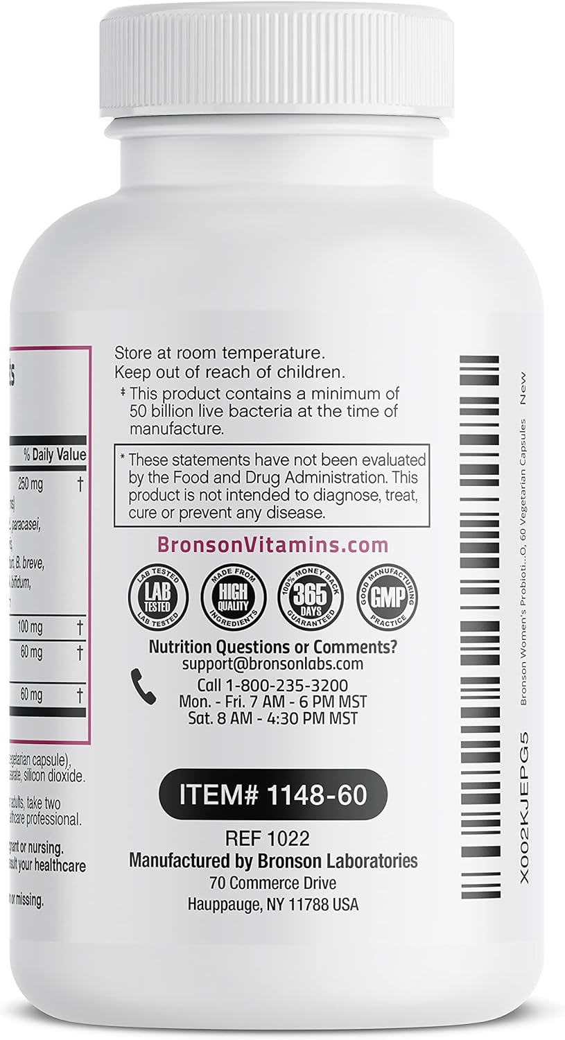 Bronson Women's Probiotic 50 Billion CFU + Prebiotic with Cranberry & D-Mannose – Vaginal Health, Healthy Digestion, Immune Function and Urinary Tract Support, Non-GMO, 60 Vegetarian Capsules - Image 8