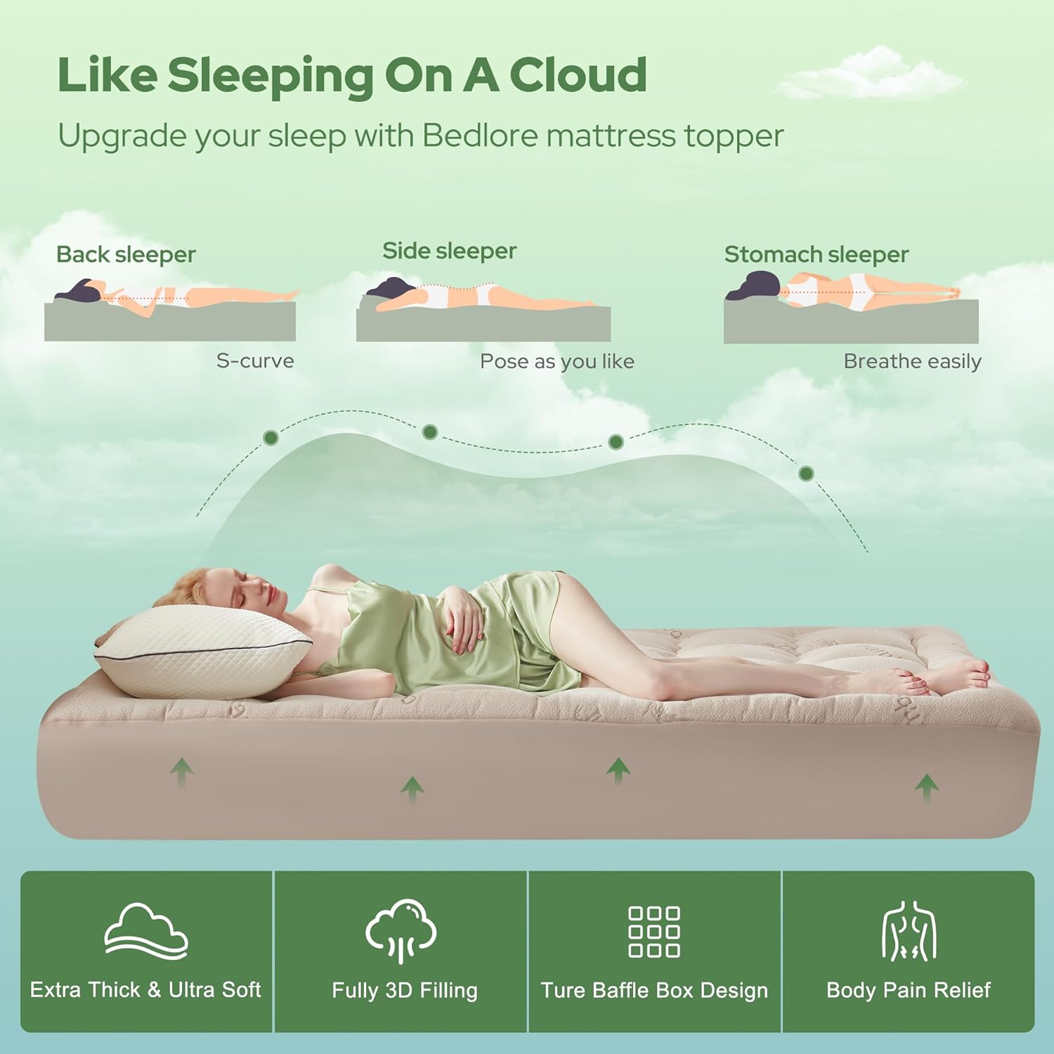 BEDLORE Full Size Mattress Topper Viscose Derived from Bamboo, Thick Pillow Top Mattress Pad with Stretchable Pockets for 6"-15" Mattress, Breathable Mattress Topper for Back Pain Relief(Beige) - Image 4