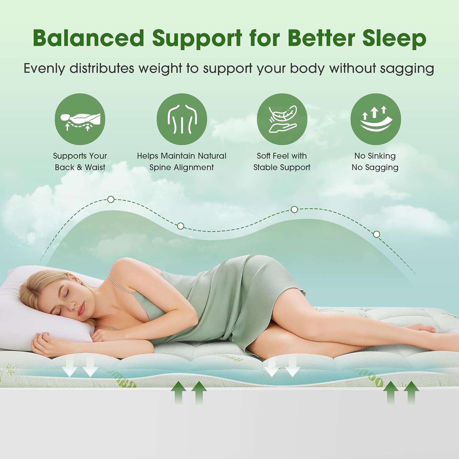 Mattress Pad Queen Size, Cooling Pillow Top Mattress Topper, Ultra Soft Viscose Made from Bamboo, Breathable for Hot Sleepers, Deep Pocket 8"-20", Green - Image 4