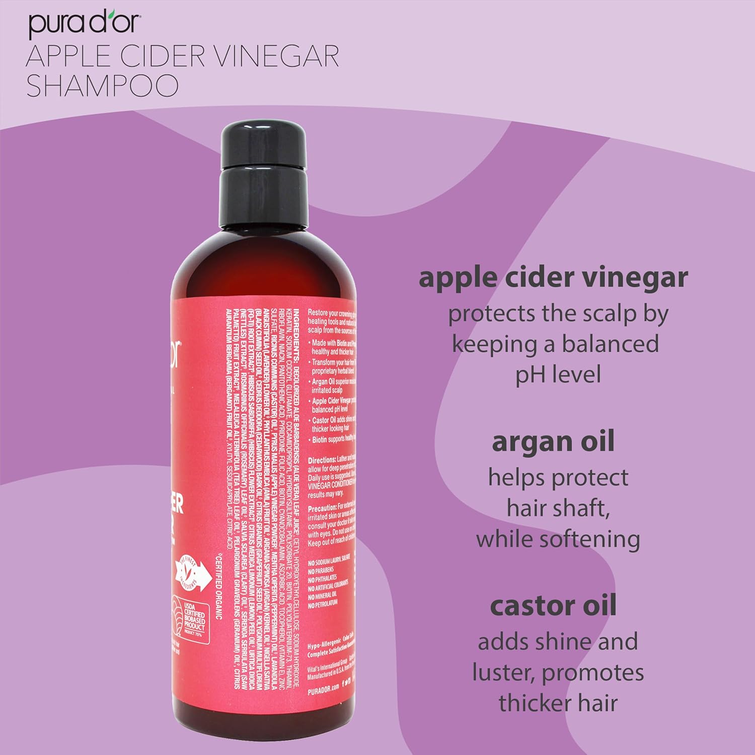 PURA D'OR Apple Cider Vinegar Thin2Thick Shampoo - Biotin, Castor Oil for Reduced Frizz, Split Ends, Clarifying & Detox, No Parabens, No Sulfates, All Hair Types, Men & Women 16 Fl Oz - Image 2