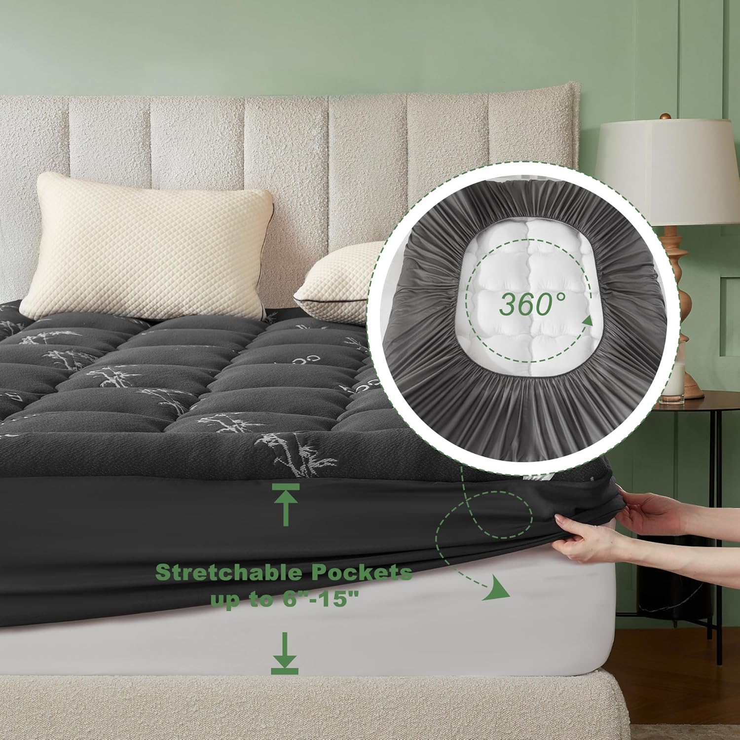 BEDLORE Full Size Mattress Topper Viscose Derived from Bamboo, Thick Pillow Top Mattress Pad with Stretchable Pockets for 6"-15" Mattress, Breathable Mattress Topper for Back Pain Relief(Dark Gray) - Image 6