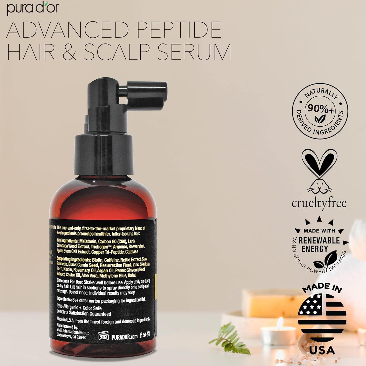 PURA D'OR Advanced Hair & Scalp Serum 3.38 oz – Hair Thinning Treatment, Copper Tri-Peptide, Caffeine, Botanical Extract Blend, Fuller Appearance Strands – Vegan, Cruelty-Free Formula for Men & Women - Image 6