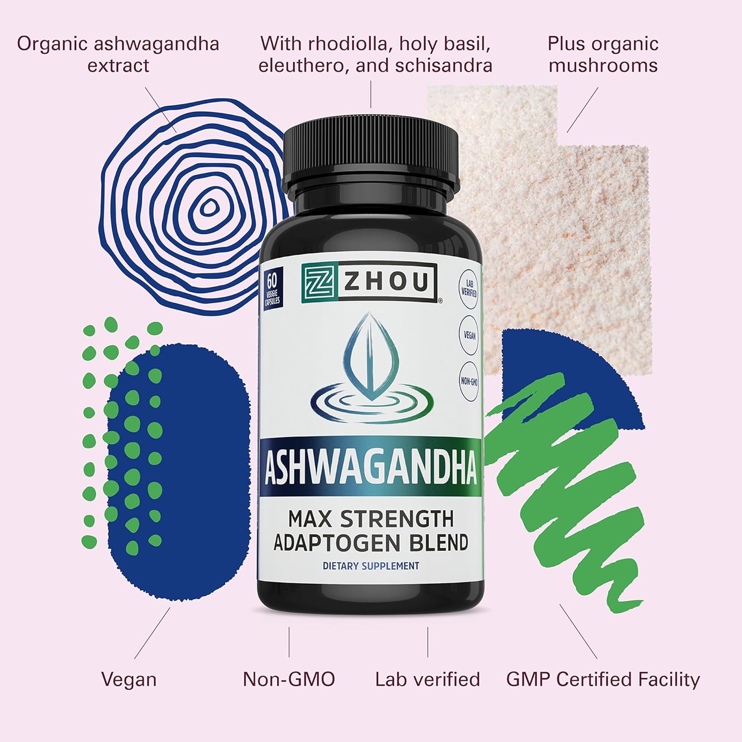 Zhou Nutrition Ashwagandha Capsules, Mood Enhancer, Energy Boost, Blend of Rhodiola, Holy Basil, Cordyceps, Reishi & Ashwagandha Supplement, 30 Servings, 60 Capsules - Image 4