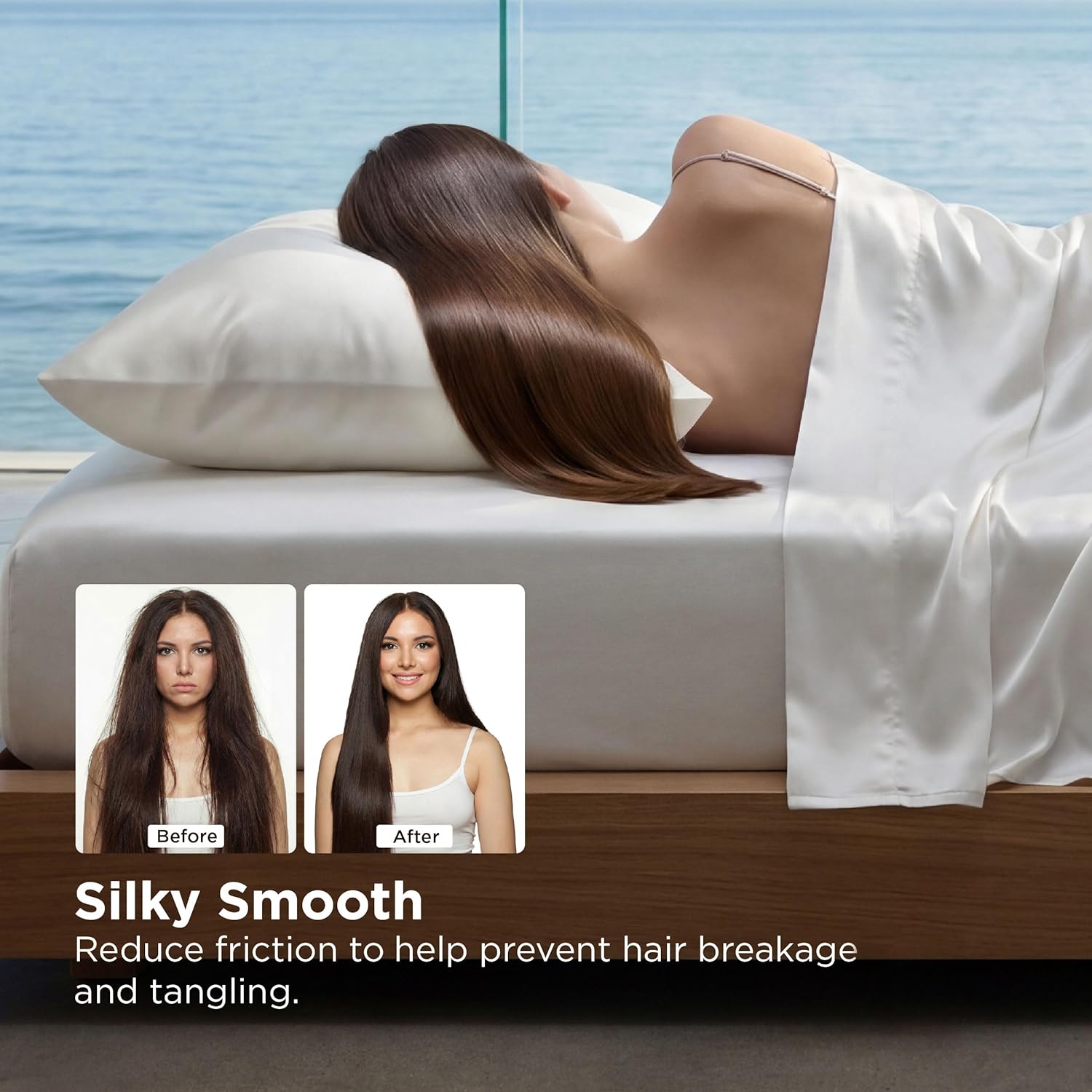 Bedsure Cooling Pillowcase for Hot Sleepers, Silk Like Pillow Case Queen Size Set of 2, Reduce Wrinkles & Frizz-Free Hair, Infused with HA & Ceramides for Skin, Hidden Zipper, Queen, White - Image 4