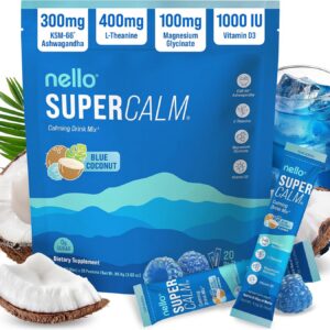 Nello Supercalm Drink Mix with Magnesium Glycinate, KSM 66 Ashwagandha, Vitamin D3 and L Theanine, Calm Powder Supplements for Relaxation Support, No Sugar, Travel Packets, 20 Ct, Blue Coconut