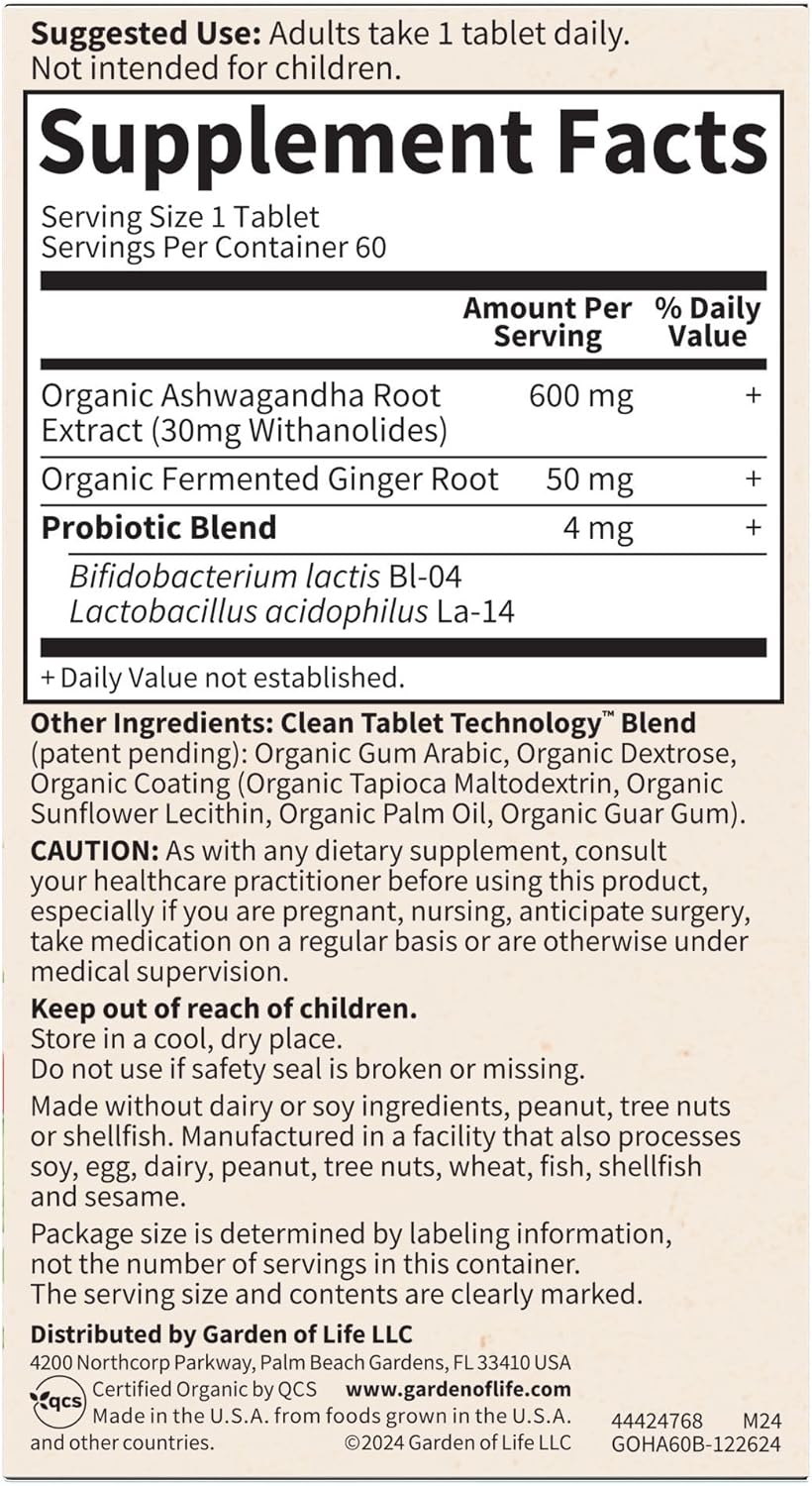 Garden of Life Organic Ashwagandha Supplement with Probiotics & Ginger - Stress, Mood & Energy Support, Vegan, Gluten Free, Non GMO, 2 Month Supply, 60 Tablets - Image 11