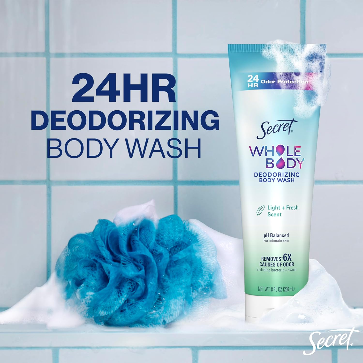 Secret Feminine Wash, 24 HR Deodorizing Feminine Body Wash for Women, Removes 6x Causes of Odor, PH Balanced, Safe to Use Everywhere, Light & Fresh, 8.0 oz - Image 4