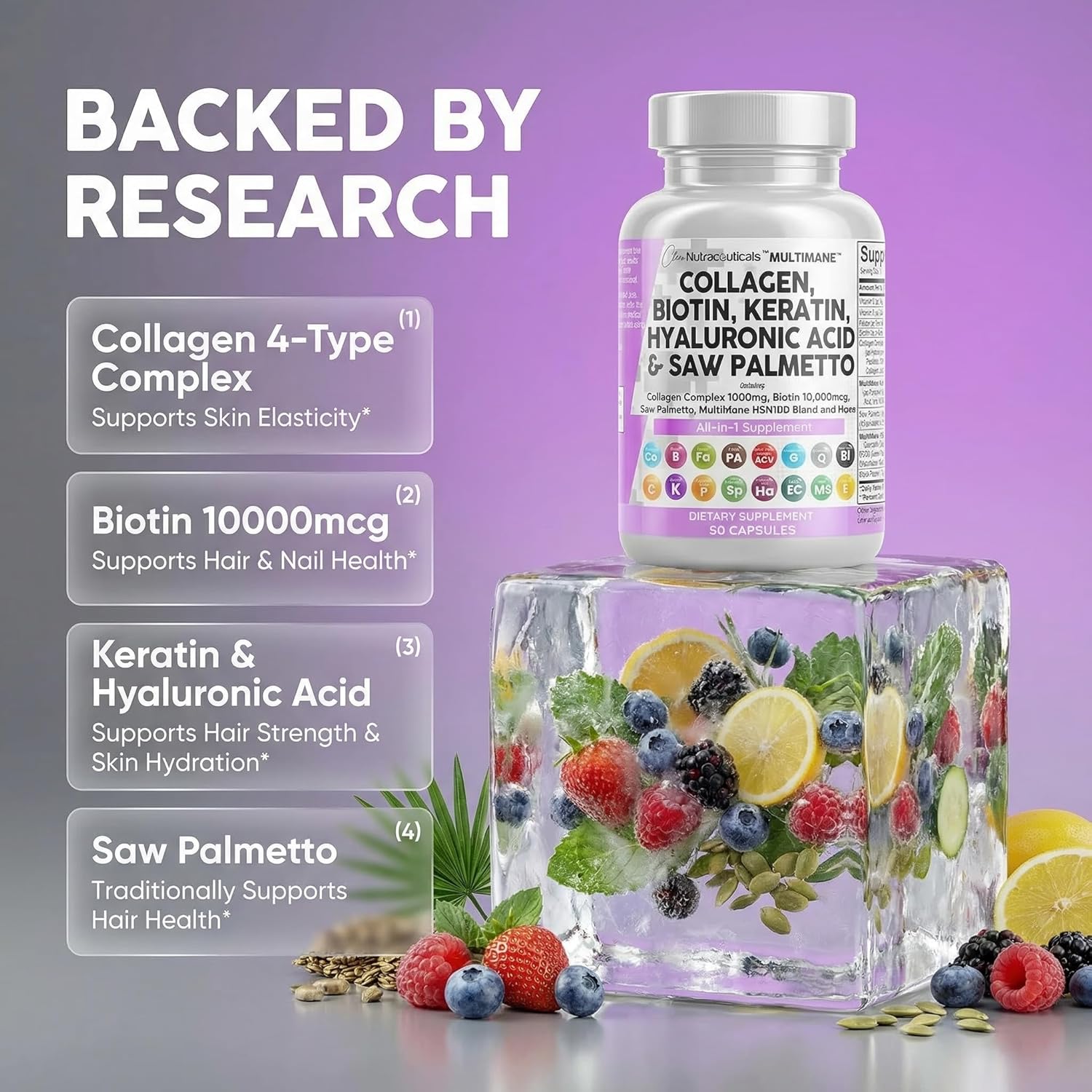 Clean Nutraceuticals Collagen Pills 1000mg Biotin 10000mcg Keratin Saw Palmetto Hyaluronic Acid - Hair Skin & Nails Vitamins & DHT Blocker with Vitamin E Folic Acid Pumpkin Seed MSM - 90 Count - Image 3