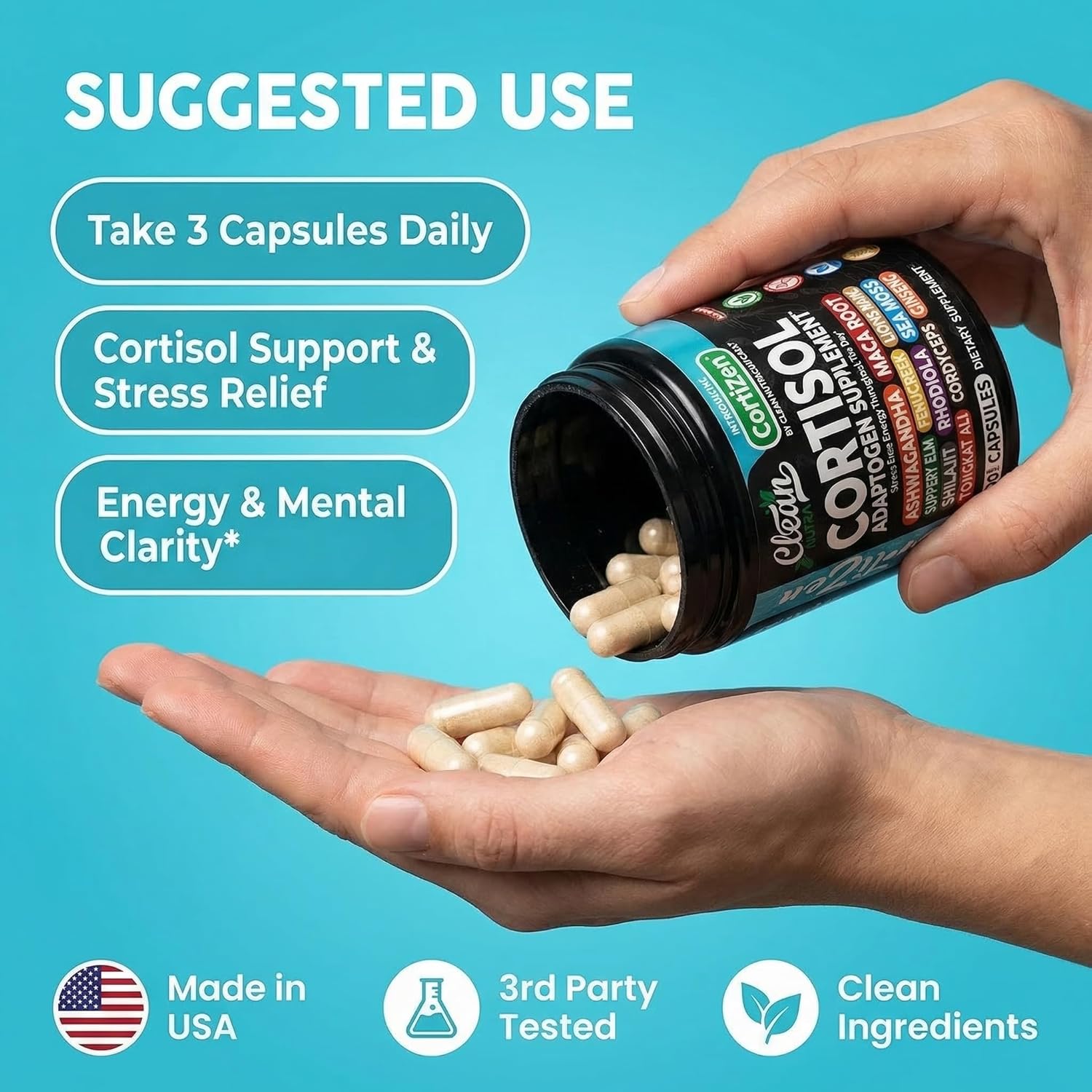 Clean Nutra Cortisol Supplements For Women | Maca Root Ashwagandha Cortisol Detox Manager Reducer + Slippery Elm Fenugreek Lions Mane Shilajit Rhodiola Sea Moss Tongkat Ali Cordyceps Ginseng Beet Root - Image 6