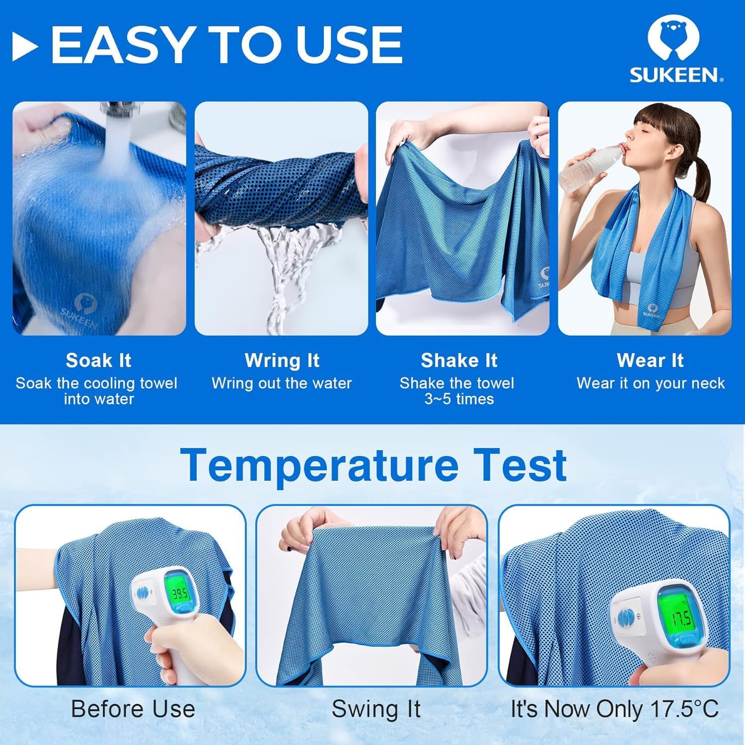 Sukeen 8 Pack Cooling Towels (40"x12"), Cooling Towels for Neck and Face, Microfiber Soft Breathable Chilly Ice Towel, Sweat Towel for Gym, Yoga, Sports, Golf, Camping, Running, Fitness, Workout - Image 3