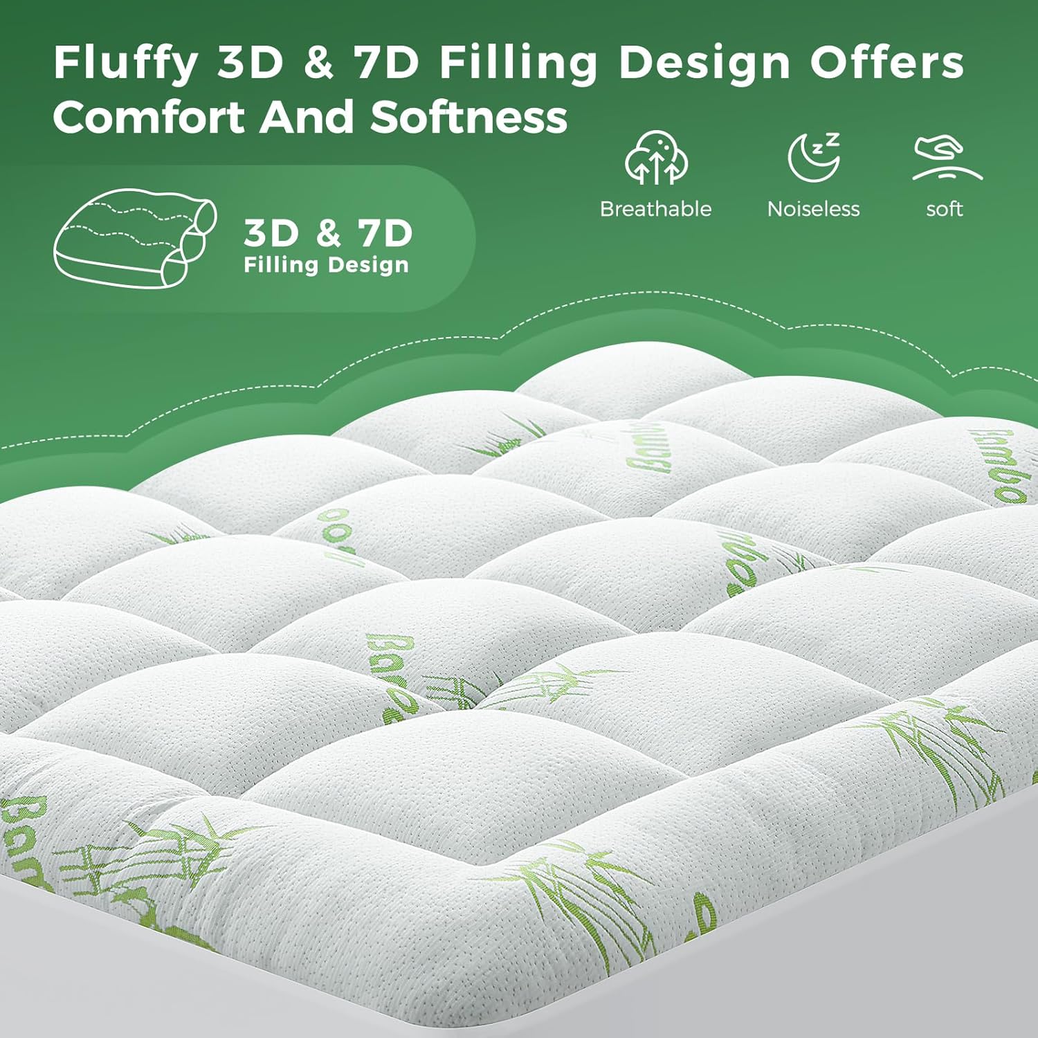 HYLEORY Mattress Topper - Thick Bamboo-Viscose Naturally Cooling Pillow Top Mattress Pad Breathable Fluffy Soft Mattress pad for Back Pain Relief, King Size, Green - Image 4