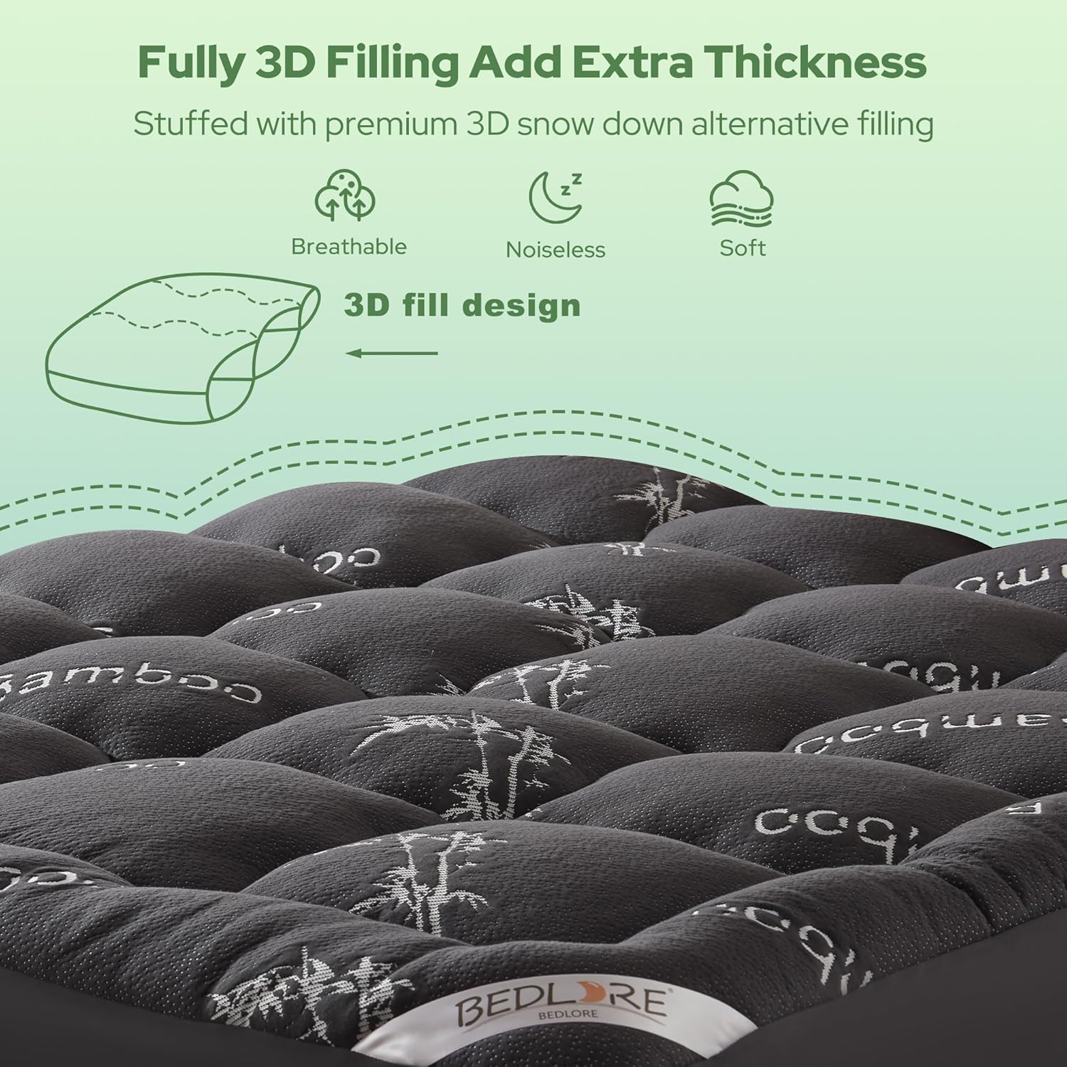 BEDLORE King Mattress Topper Viscose Derived from Bamboo, Thick Pillow Top Mattress Pad with Stretchable Pockets for 6"-18" Mattress, Soft Breathable Mattress Topper for Back Pain Relief(Dark Gray) - Image 5