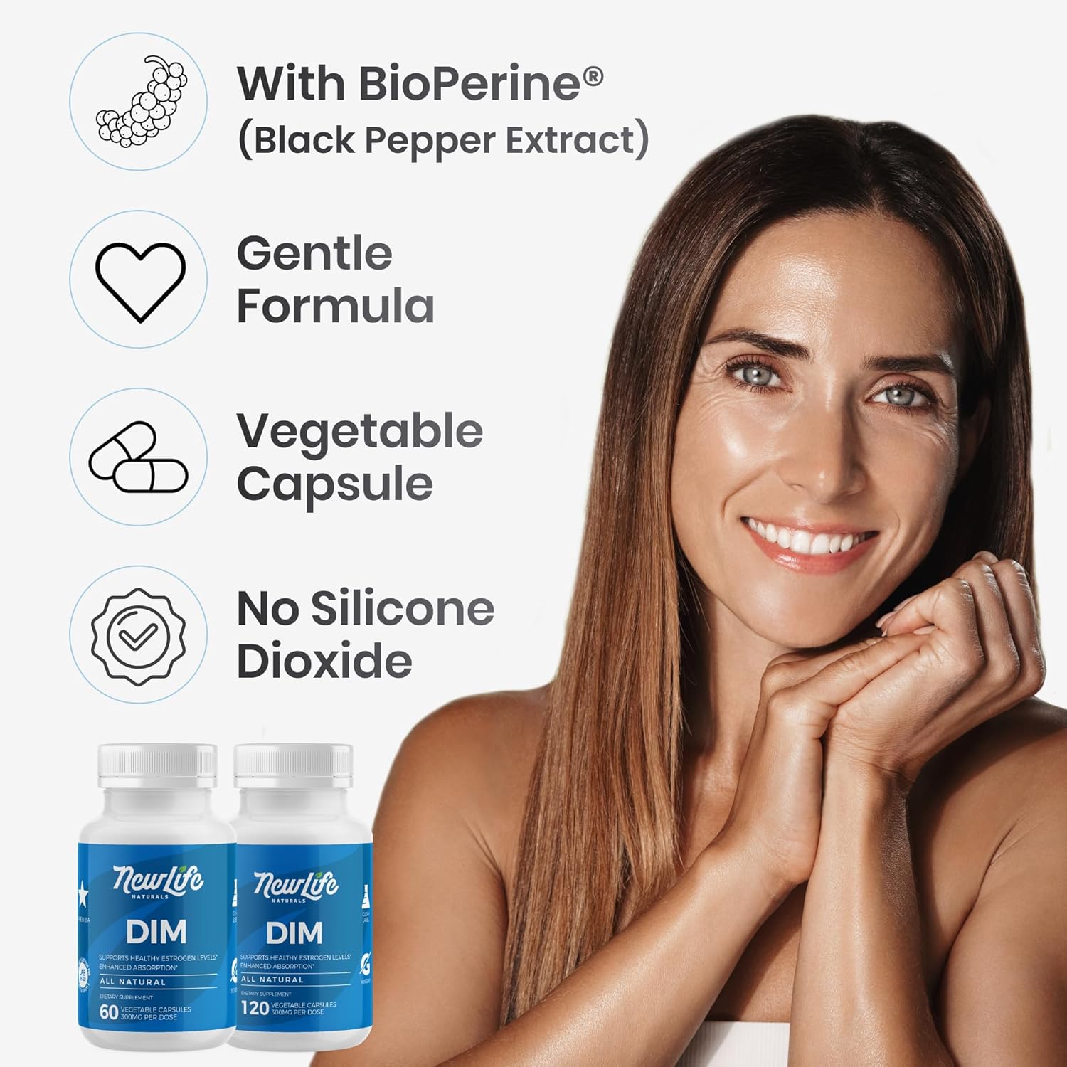 NewLife Naturals DIM Supplement 300mg for Women & Men - Hormonal Acne, Estrogen Balance Pills, Post Menopause Relief | Healthy Estrogen Level | Hormonal Balance - Bioperine | PCOS - 60 Day Supply - Image 6