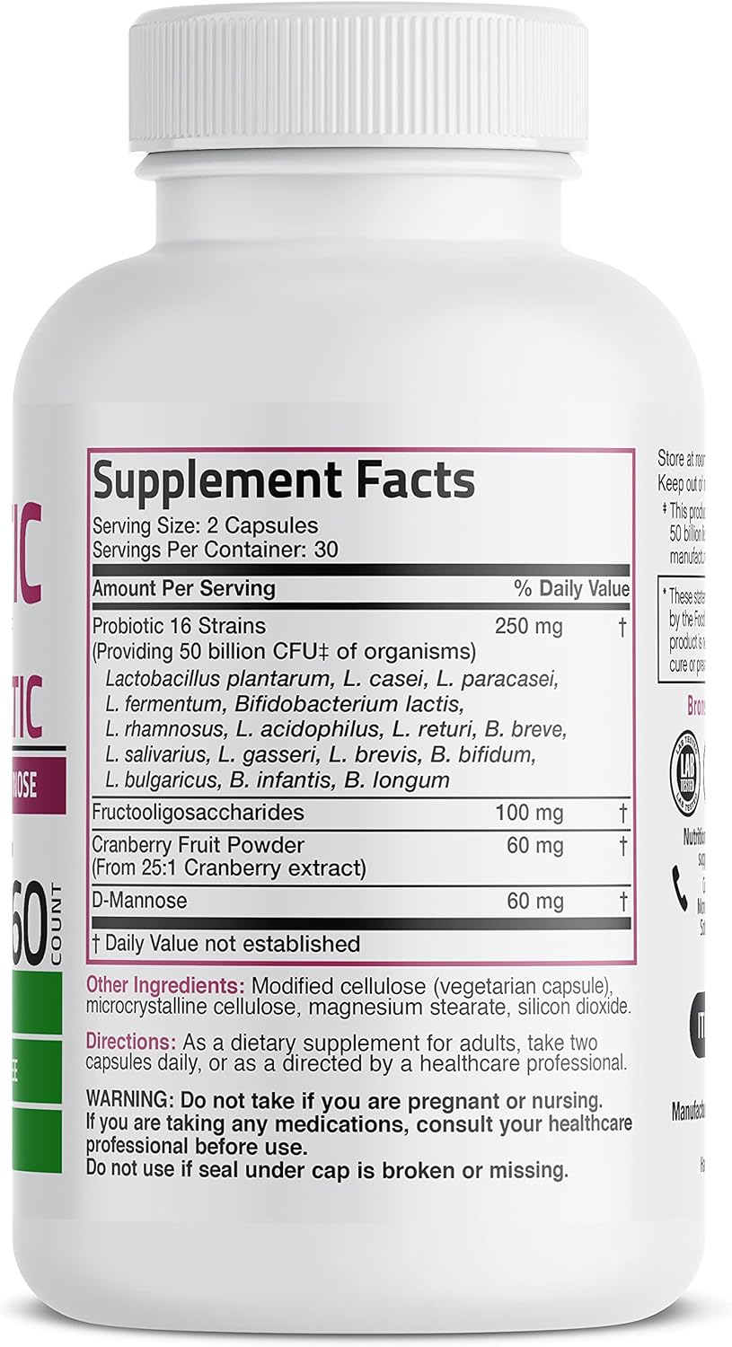 Bronson Women's Probiotic 50 Billion CFU + Prebiotic with Cranberry & D-Mannose – Vaginal Health, Healthy Digestion, Immune Function and Urinary Tract Support, Non-GMO, 60 Vegetarian Capsules - Image 2