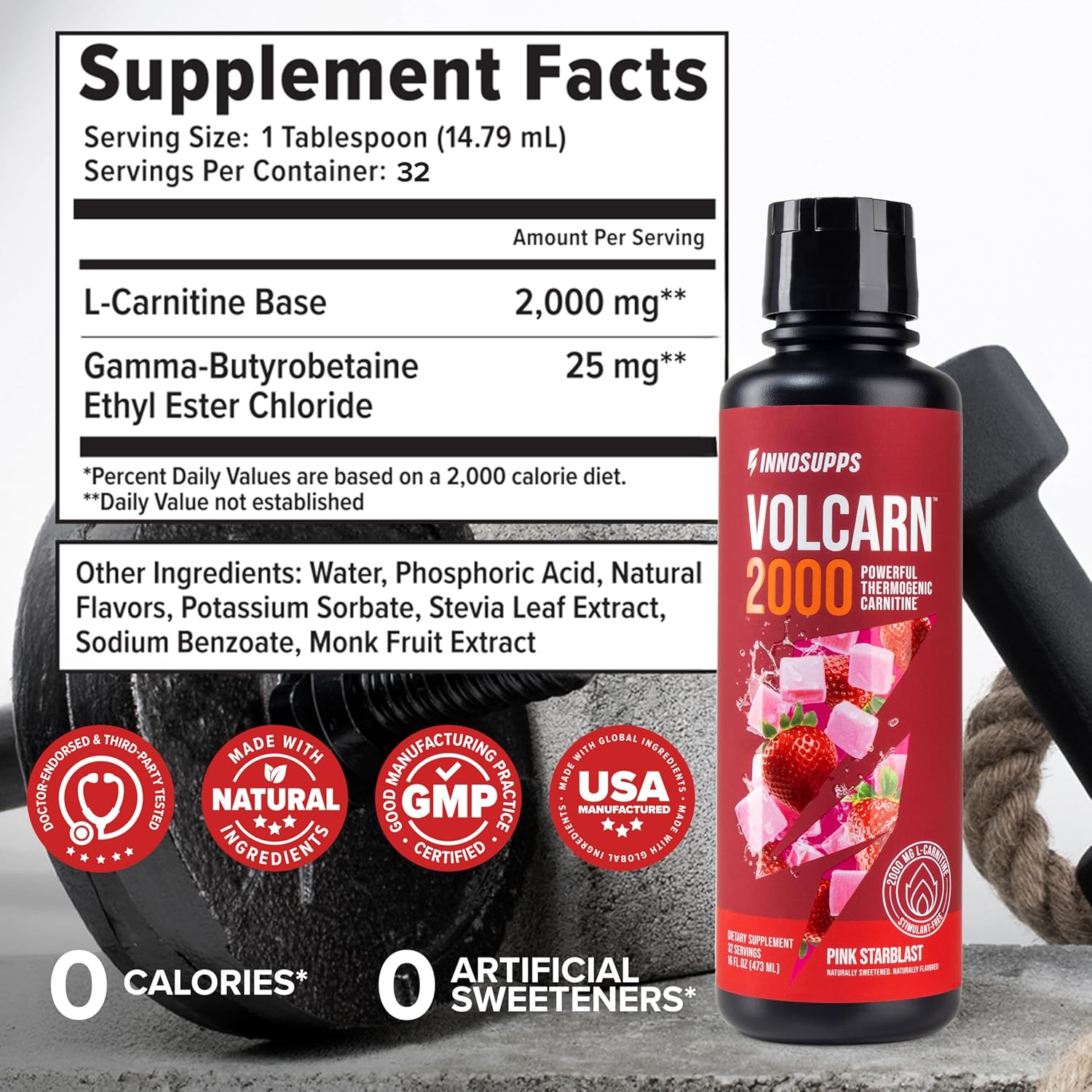 InnoSupps Volcarn 2000 - L-CARNITINE Pre-Workout Advanced Energy Liquid ATP Enhancer w/GBEEC Boosts Energy, Enhances Focus, Cognition & Supports Fat Metabolism, 32 Servings - Pink Starblast Flavor - Image 3