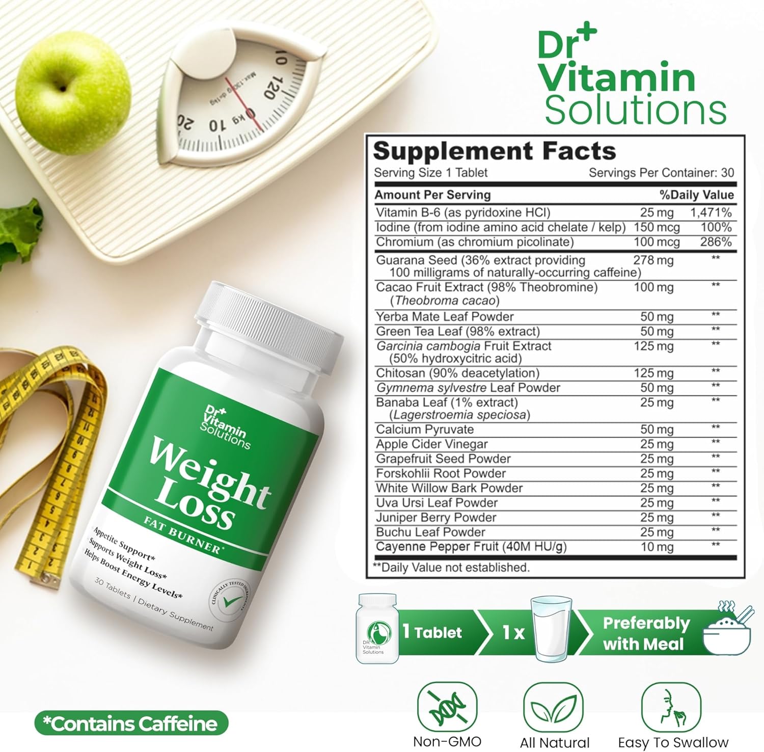Fat Burner for Women & Men, Weight Loss & Appetite Suppressant Diet Pills, Thermogenic Metabolism Booster with Green Tea, Garcinia Cambogia, Chromium - Natural, Non-GMO - 30 Day Supply, Dr Vitamin - Image 2