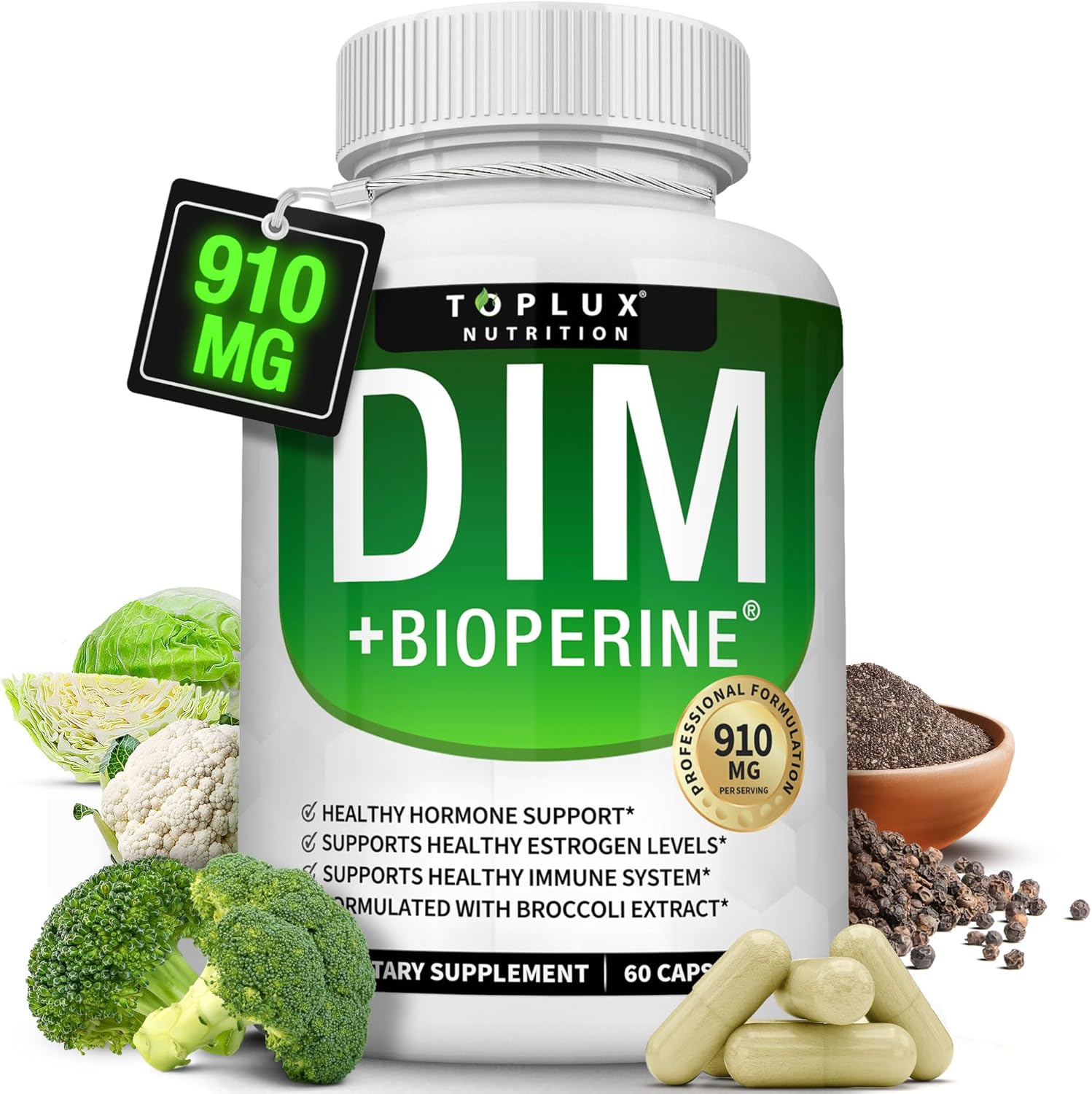 Dim Supplement 910 mg Plus BioPerine Complex - Diindolylmethane for Men Women, 60 Capsules