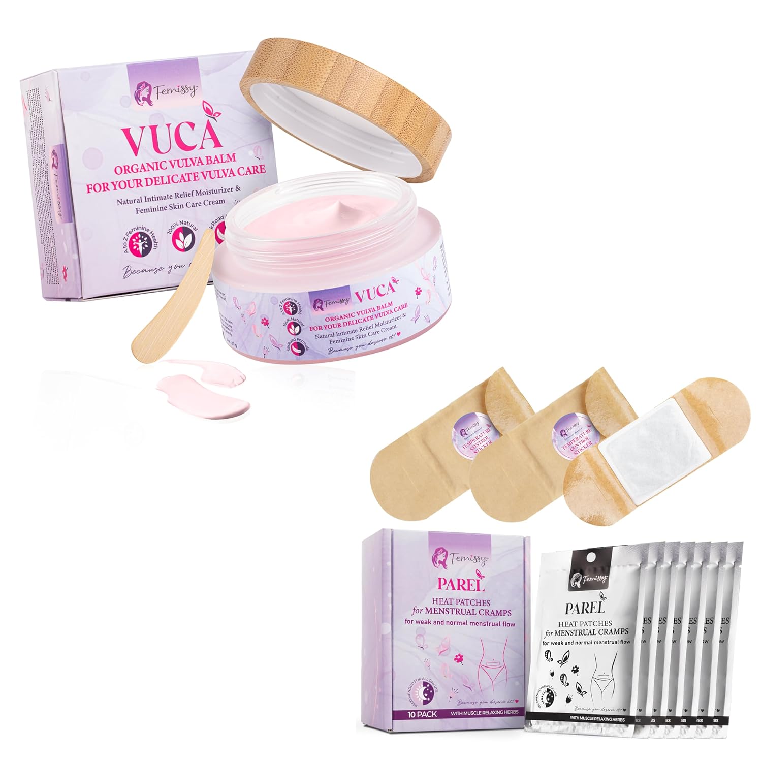 Vulva Balm (2 oz); Vulva Cream; Intimate Vulva Moisturizer for Women, Feminine Relief Care Balm + Heat Patches for Menstrual Cramps based on Flow Strength, 10 Period Patches for Weak & Normal Flow