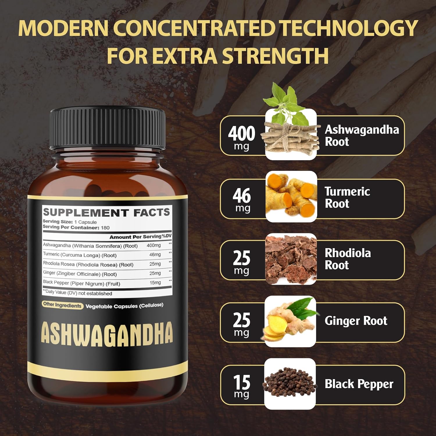 5in1 Premium Ashwagandha Capsules - Added Turmeric, Rhodiola Rosea, Ginger, Black Pepper - 180 Caps for 6 Months - Image 2