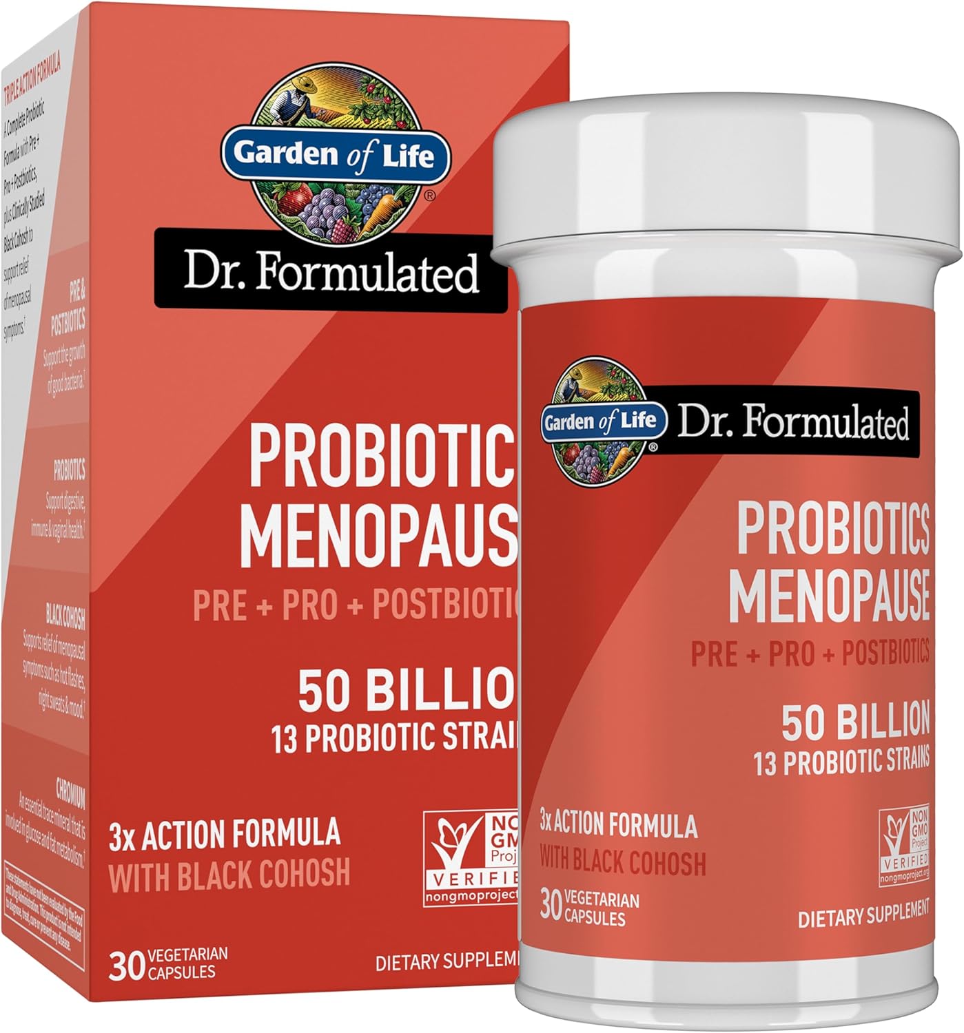 Garden of Life Dr. Formulated Menopause Probiotics with Black Cohosh, Chromium and Pre, Pro & Postbiotics – Menopause Supplements for Women, Immune Health, Non-GMO, Gluten-Free, 30 Vegetarian Capsules