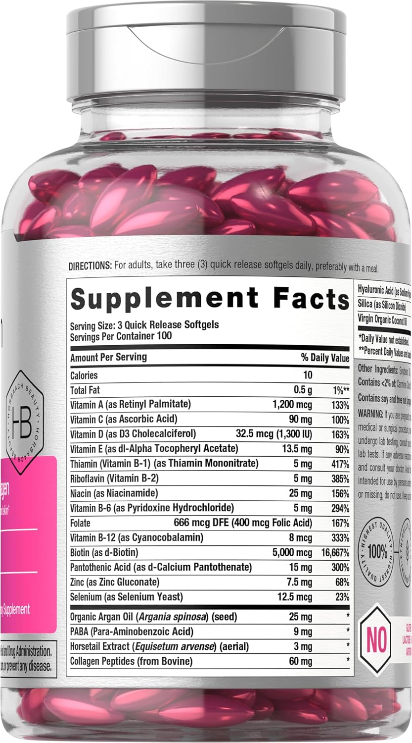 Horbäach Hair Skin and Nails Vitamins | 300 Softgels | with Biotin and Collagen | Infused with Argan Oil and Coconut Oil | Non-GMO, Gluten Free Supplement - Image 2