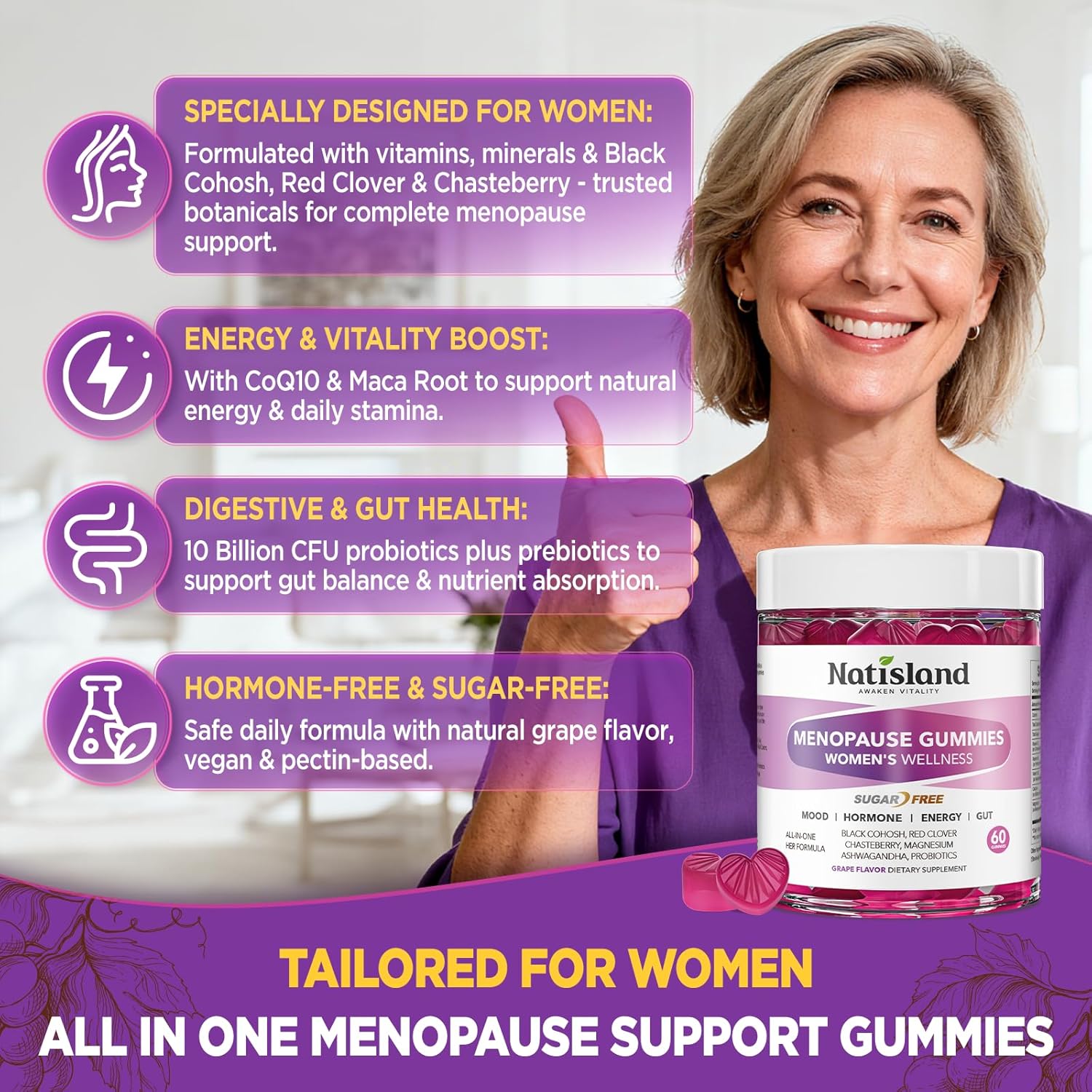 Menopause Supplements for Women Gummies, Hot Flashes & Night Sweats Support, Menopause Relief with Black Cohosh, Chasteberry & Probiotics, Sugar Free, Vegan, Grape Flavor, 60 Count - Image 2