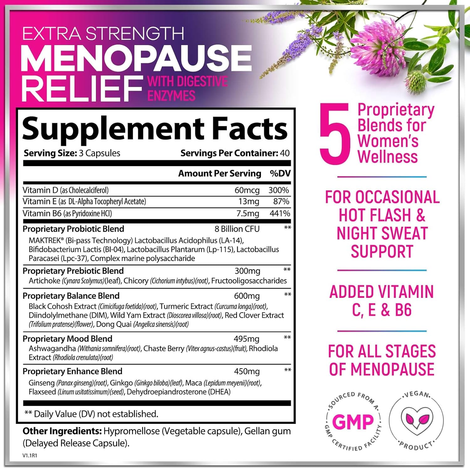 Menopause Supplements for Women - Hot Flash Night Sweats & Menopause Relief Pills - Probiotic Blend 8 Billion CFU Per Serving with Dong Quai & Black Cohosh - Vaginal, Digestive Support - 120 Capsules - Image 2
