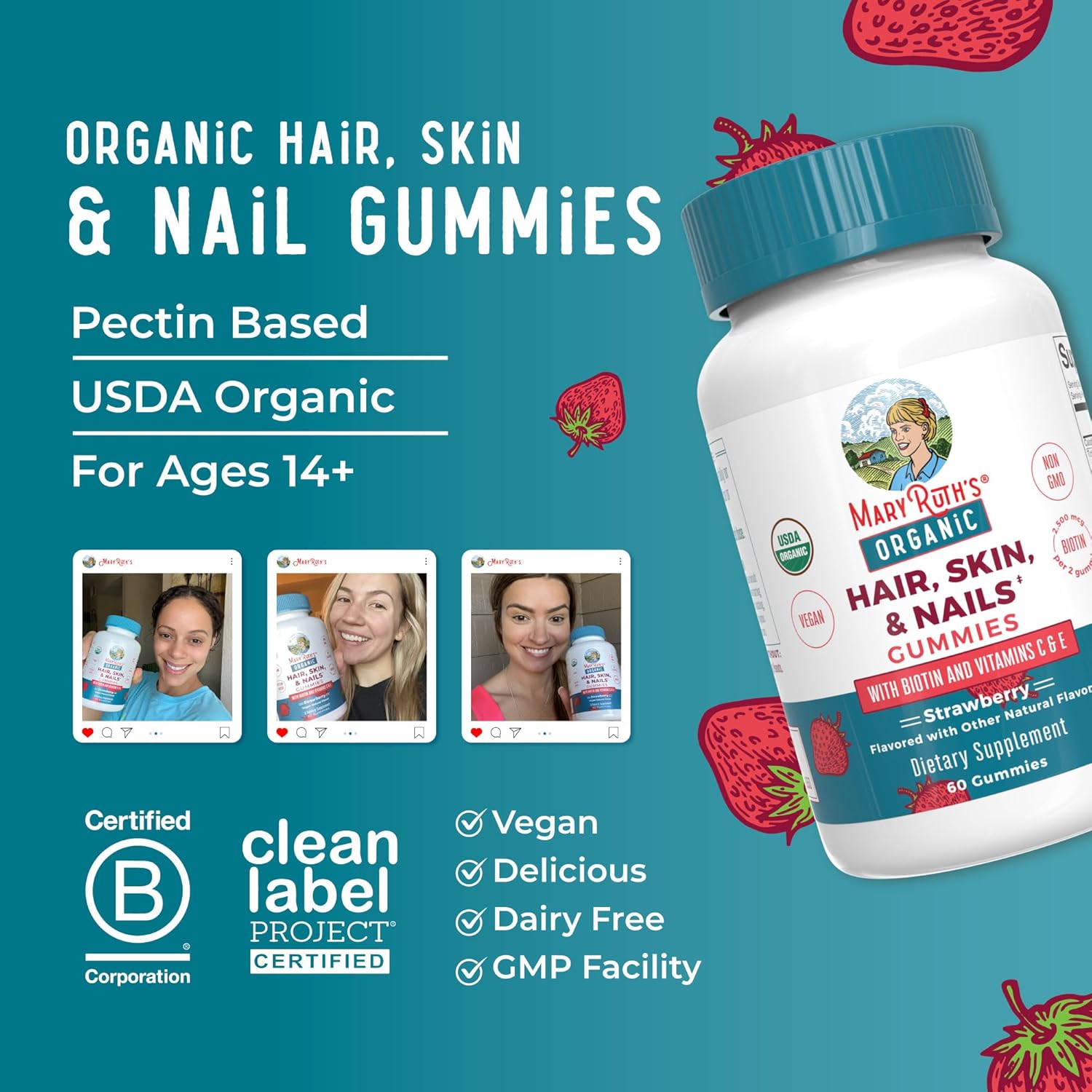 MaryRuth's Hair Skin and Nail Vitamins | USDA Organic | 2500 mcg Biotin Gummies with Vitamin C & Vitamin E | Hair Growth Vitamins | Skin Care | Nail Growth | Ages 14+ | 60 Count - Image 8