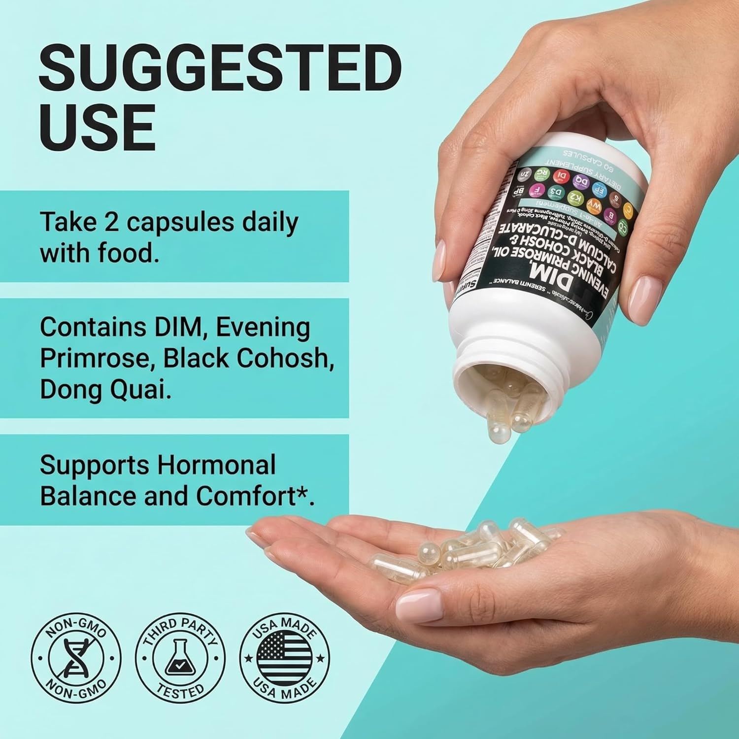 Clean Nutraceuticals DIM Evening Primrose Black Cohosh Calcium D-Glucarate Sulforaphane Flax Seed Extract - Hormonal Support Vitamins for Women with Dong Quai - 60 Caps - Image 6