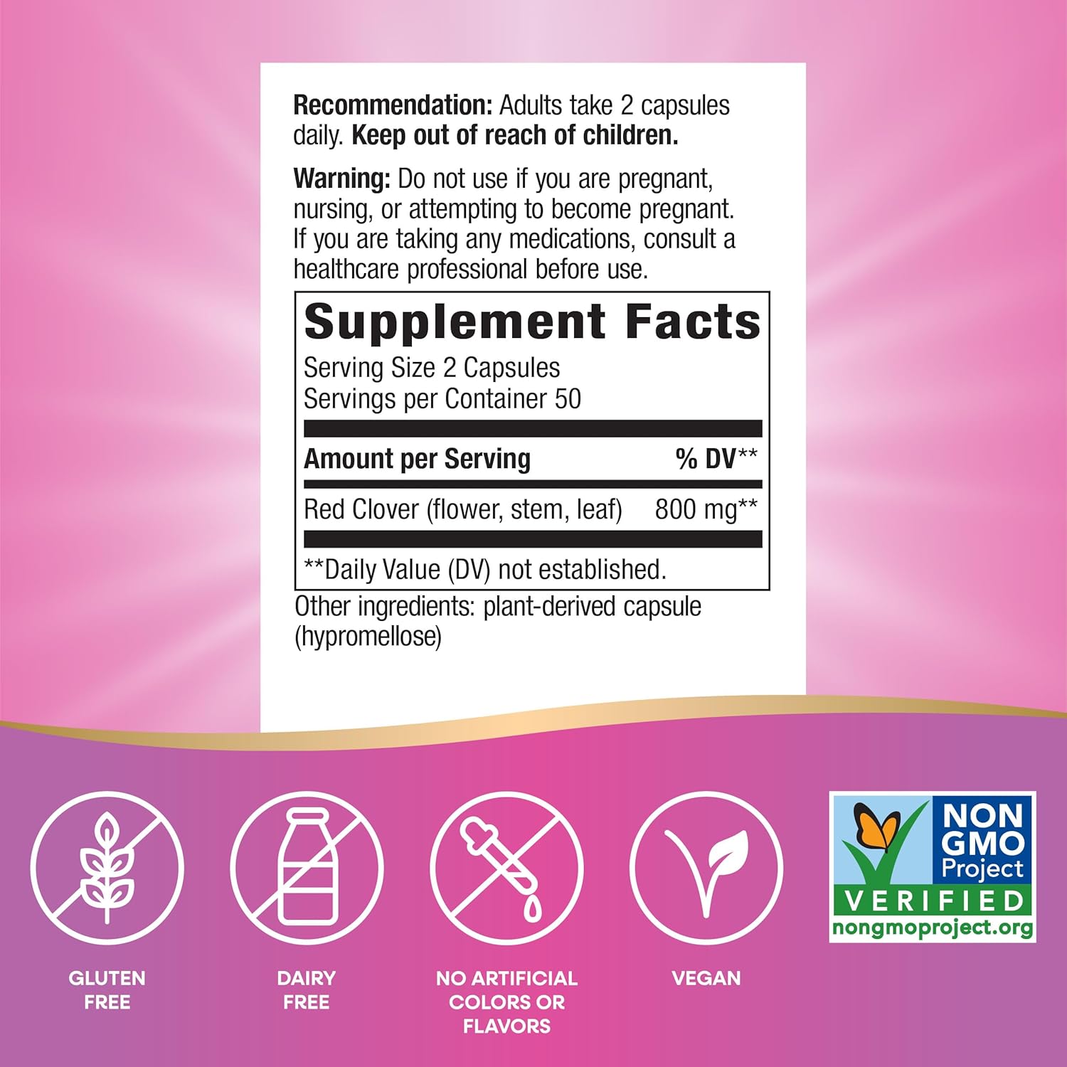 Nature's Way Red Clover Blossom Herb, Traditional Health Support for Women*, 800 mg per 2-Capsule Serving, Non-GMO Project Verified, Red Clover Supplement, 100 Vegan Capsules (Packaging May Vary) - Image 5