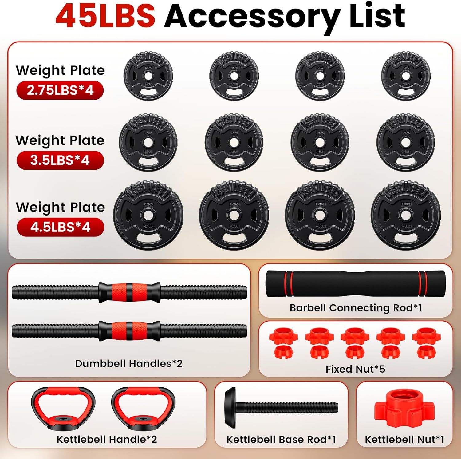 Adjustable Dumbbell Set, 22/33/45/70/90lbs Free Weight Set with Connector, 5-in-1 Dumbbell Set for Barbells, Kettlebells, Push up Stand, Weight Plate, Fitness Exercises for Home Gym Suitable Men/Women - Image 2