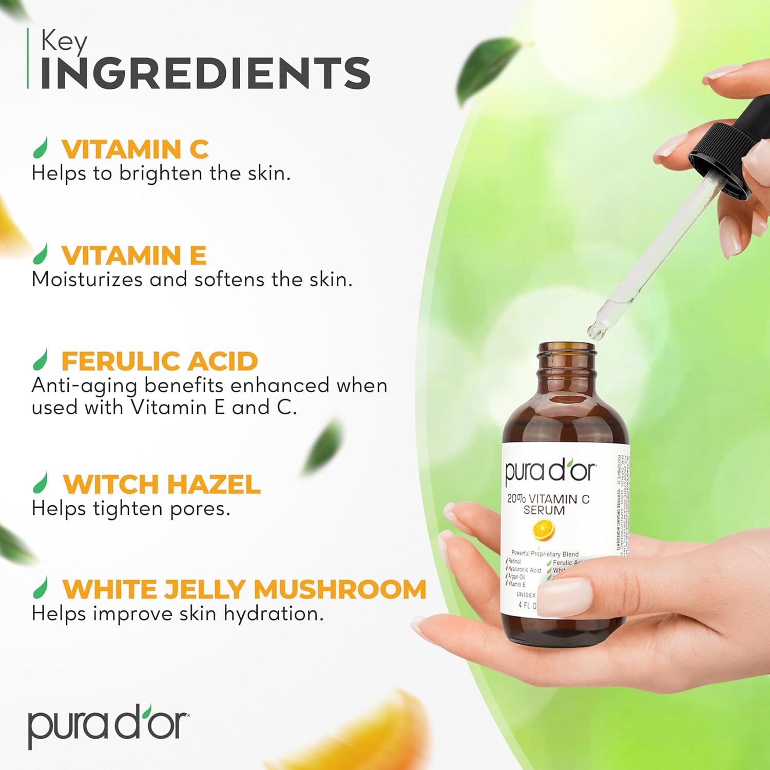 PURA D'OR 20% Vitamin C Facial Serum 4 Oz Antioxidant Blend w/Retinol, Hyaluronic Acid, Vitamin E, Ferulic Acid - Hydrating Lightweight Skincare Formula - Men Women Daily Use After Bath Oil Skin Care - Image 4
