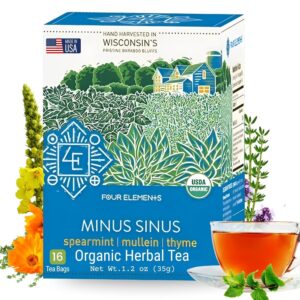 Four Elements Minus Sinus Tea [16 Teabags, 1.2 oz] | Organic Spearmint Tea with Mullein & Thyme | Caffeine Free Herbal Blend with Refreshing Aroma & Comforting Flavor | Enjoy Hot or Iced Latte