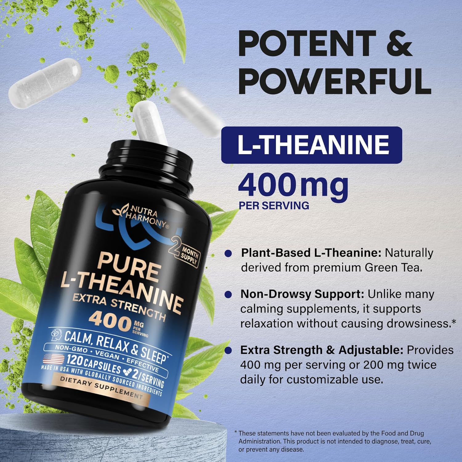L Theanine 400 mg | L-Theanine Stress Relief | Extra Strength Supplement | Lab Tested | Relaxation, Sleep & Calm Support | For Men & Women | Plant Based, Non-GMO & Gluten-Free | 120 Vegan Capsules - Image 5