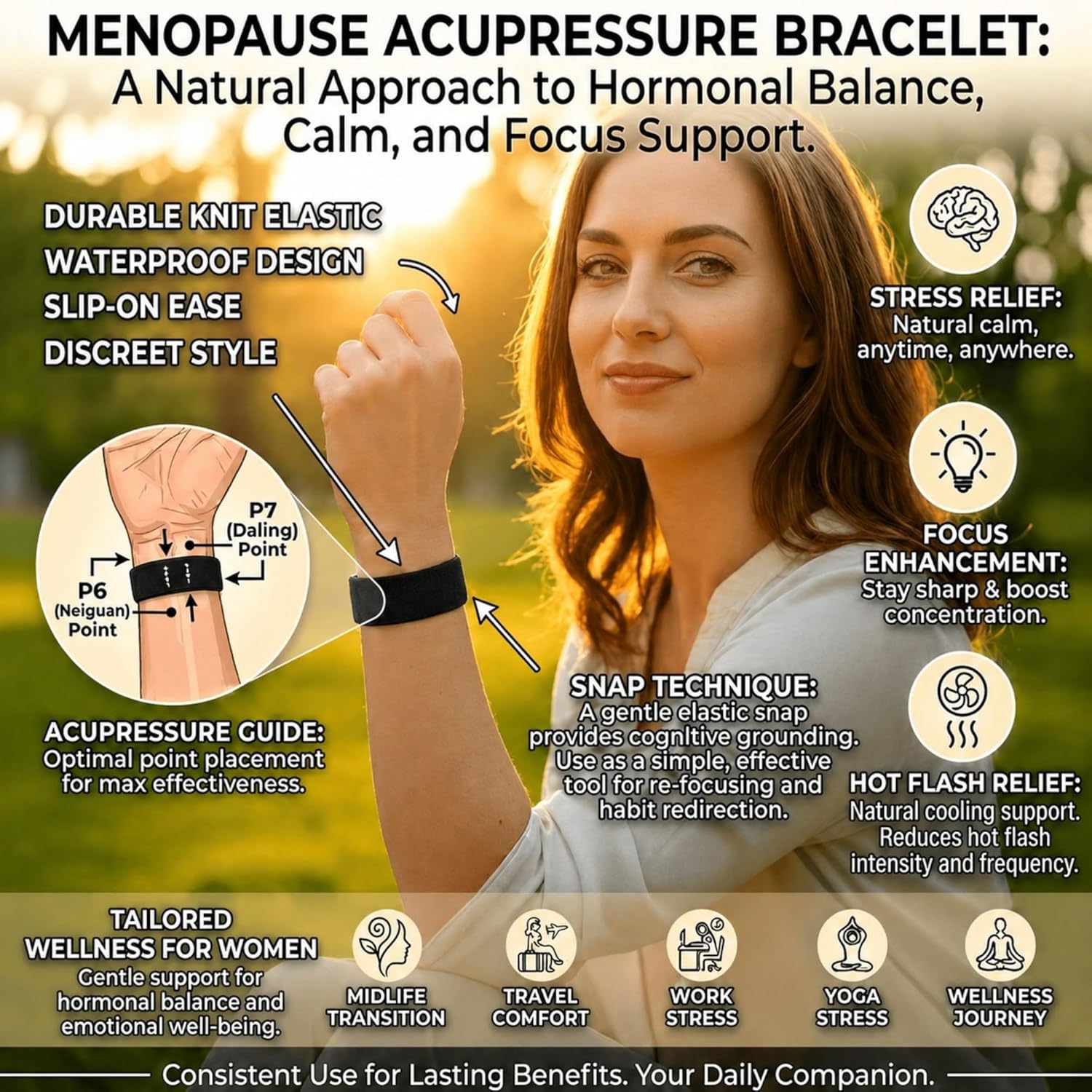 AcuBalance Women's Menopause Relief Wristband - Black Cooling Acupressure Bracelet for Hot Flashes, Sleep, Mood, and Daily Support - Stretch Slip-On Comfort - Image 2