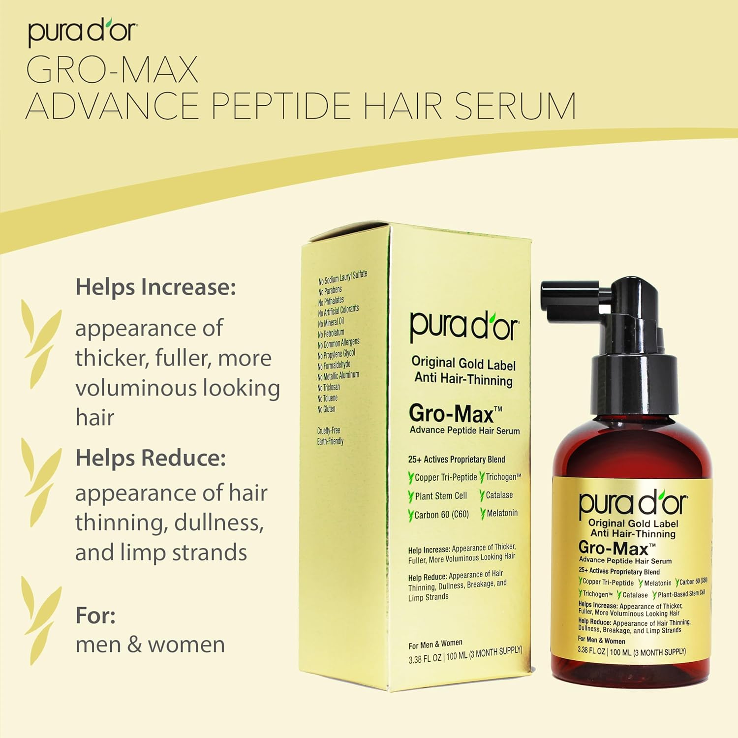 PURA D'OR 3.38 Oz Gro-Max Advanced Peptide Hair Serum (NEW FORMULA) Plant Stem Cell, Catalase, Copper Tri-Peptide, C60, Biotin, Melatonin, Trichogen, Caffeine, Rosemary - Stronger, Thicker Hair - Image 3