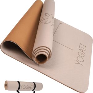 YOGATI® Yoga Mat with Strap with Alignment Lines. Home Workout Mat for Women, Men and Kids. Thick Non Slip Yoga Mat for Pilates and Fitness. Brown, Pink and Purple Yoga Mats