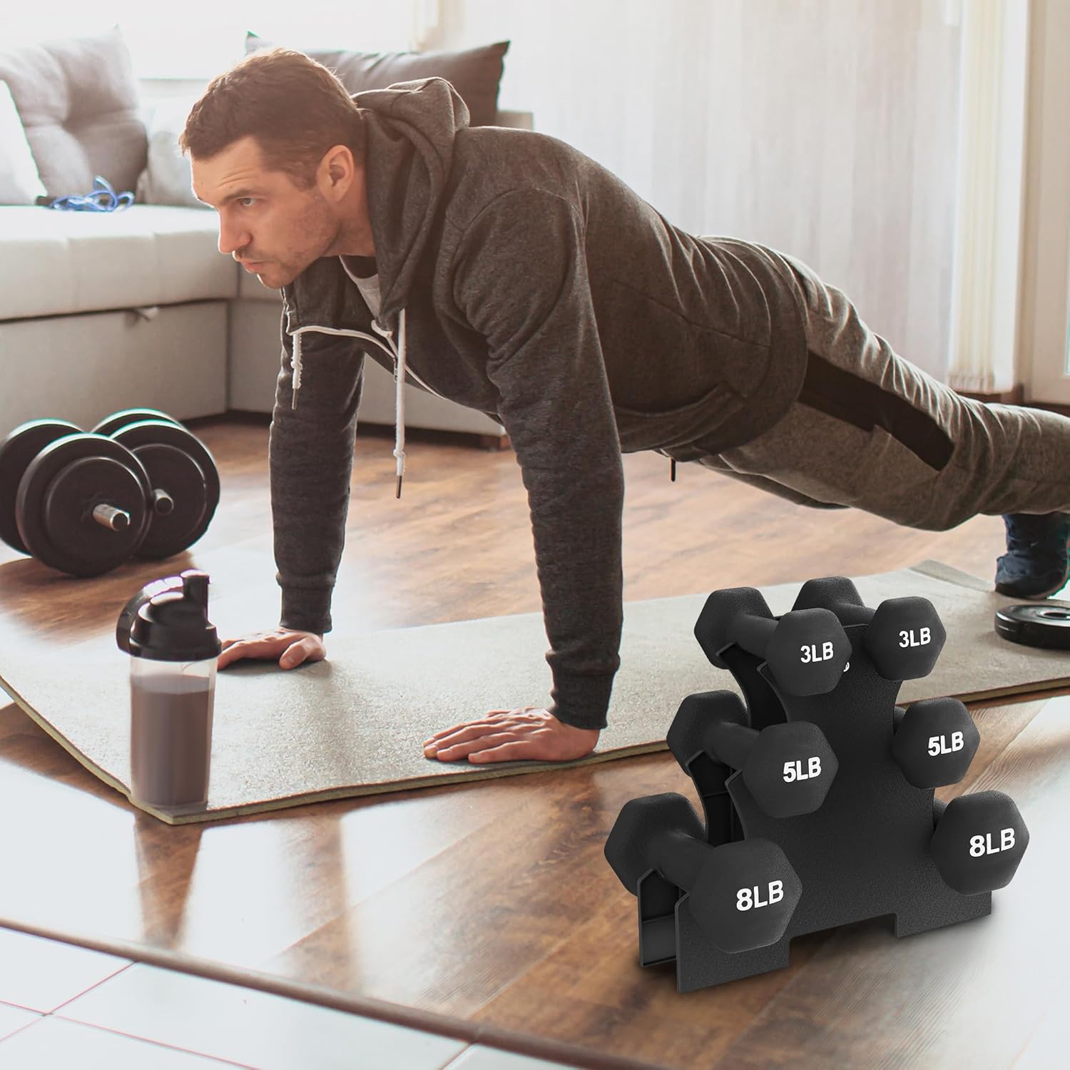 BalanceFrom Neoprene Coated Iron Dumbbell Hex Weights Set with Stand – Color-Coded or Black Options with Non-Slip Grip for Strength Training, Resistance Workouts, and Home Gym Fitness - Image 8