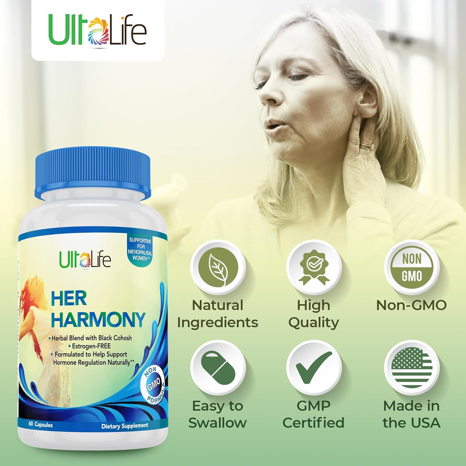 UltaLife Her Harmony Menopause Supplements for Women - Hot Flashes Menopause Relief & Hormone Balance for Women - Contains Black Cohosh, Dong Quai, Red Clover & More - Estrogen Free - 60 Capsules - Image 6