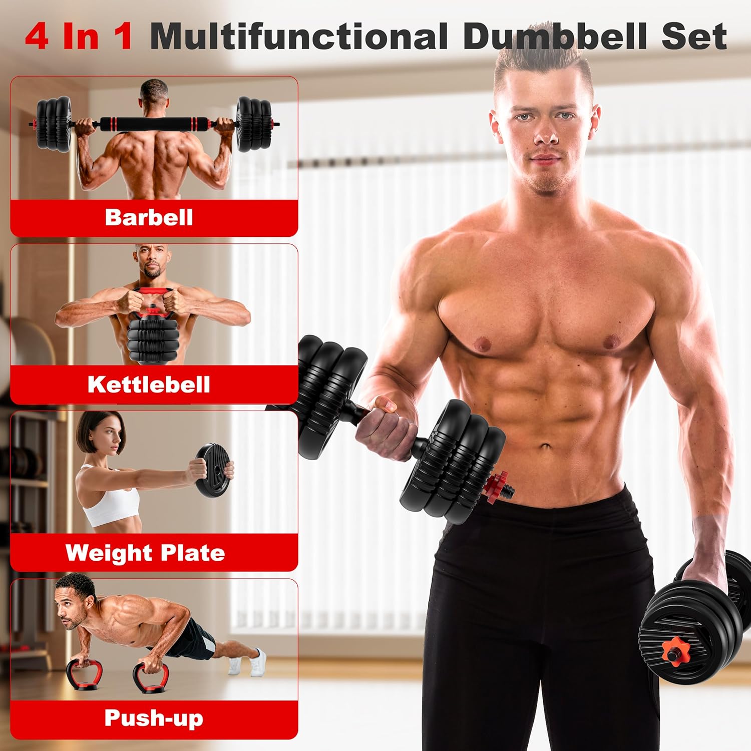 Adjustable Dumbbell Set, 10/20/30/45/70/90lbs Free Weight Set with Connector, 5 in1 Dumbbells Set Used as Barbell, Kettlebells, Push up Stand,Weight Plate, Fitness Exercises for Home Gym Suitable Men/Women - Image 2