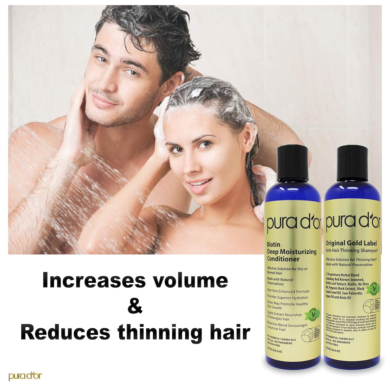PURA D'OR Anti-Thinning Biotin Shampoo and Conditioner Natural Earthy Scent, CLINICALLY TESTED Effective Results, Herbal Blend Thickening Products For Women & Men, Original Gold Label Set, 8oz x2 - Image 3