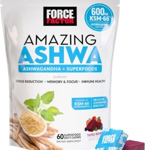 Force Factor Amazing Ashwa for Stress Relief, Memory, Focus, and Immune Support Health, Ashwaganda Supplement with KSM-66 Ashwagandha for Stress, 60 Soft Chews