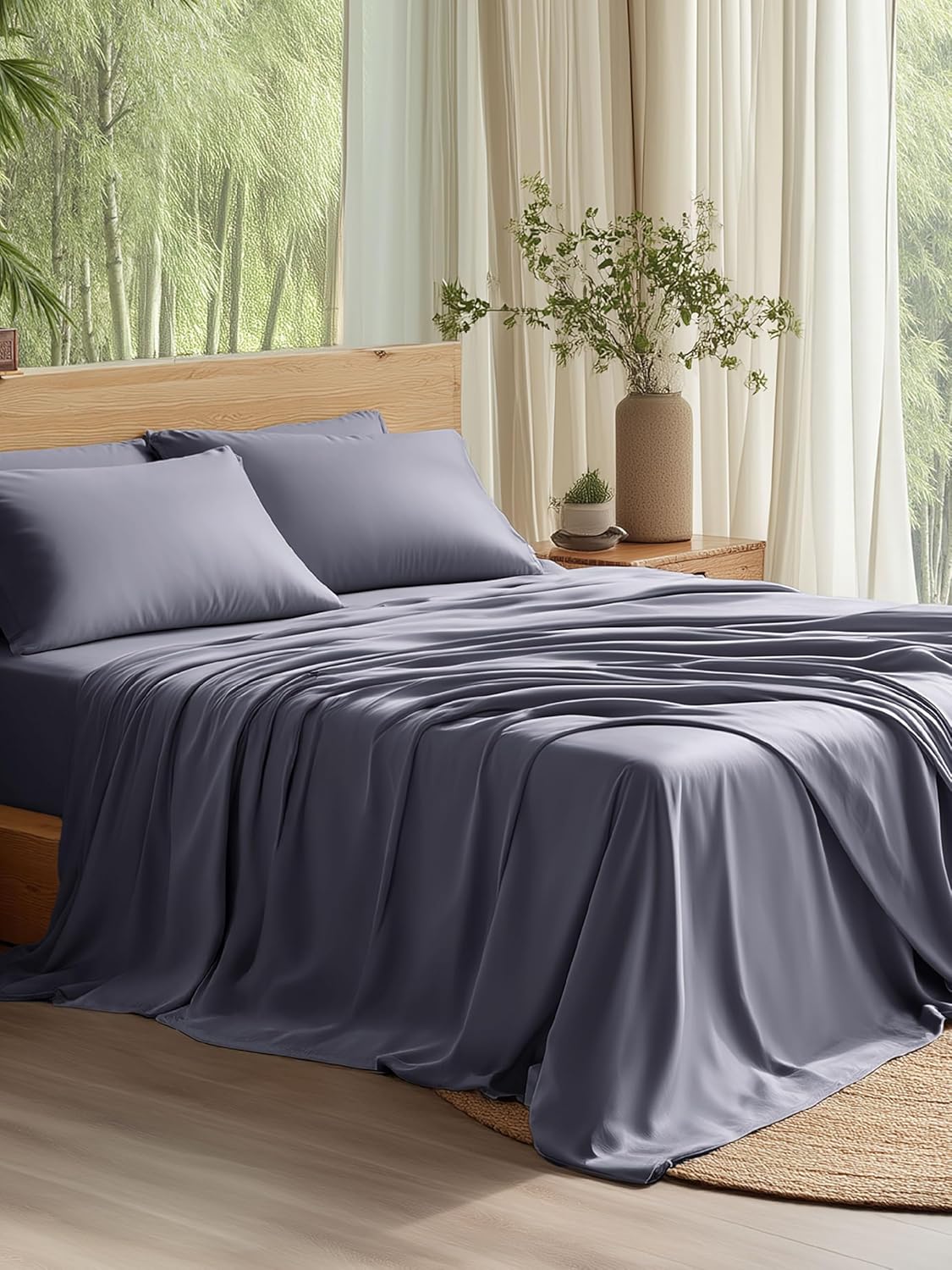 Bedsure Queen Cooling Sheet Set – Bamboo-Derived Rayon, Breathable & Silky Soft Bed Sheets, Deep Pocket 16″, Hotel Luxury Bedding for Hot Sleepers (Dark Grey)