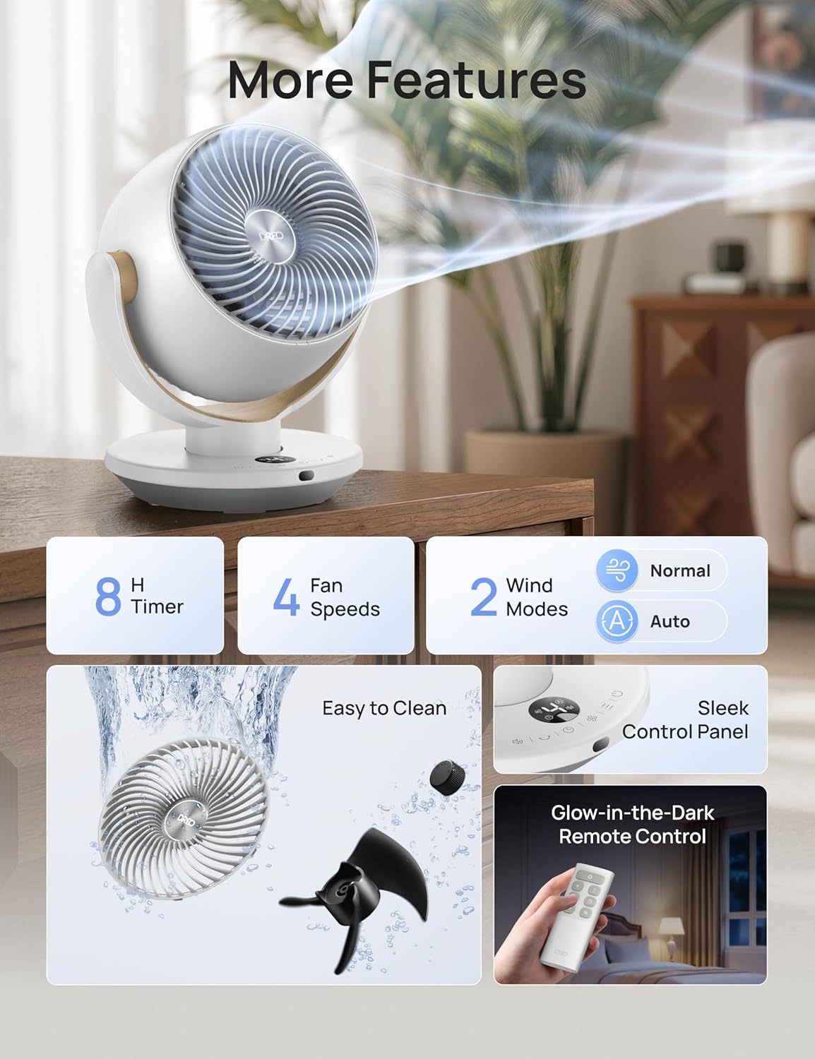 DREO Fan for Bedroom, Desk Air Circulator Fans with Remote, 11 Inch Table Fan for Whole Room, 65ft Powerful Airflow, 120° Vertical Manual and 90° Oscillating, 4 Speeds, 8H Timer, 25dB Quiet, Home - Image 6