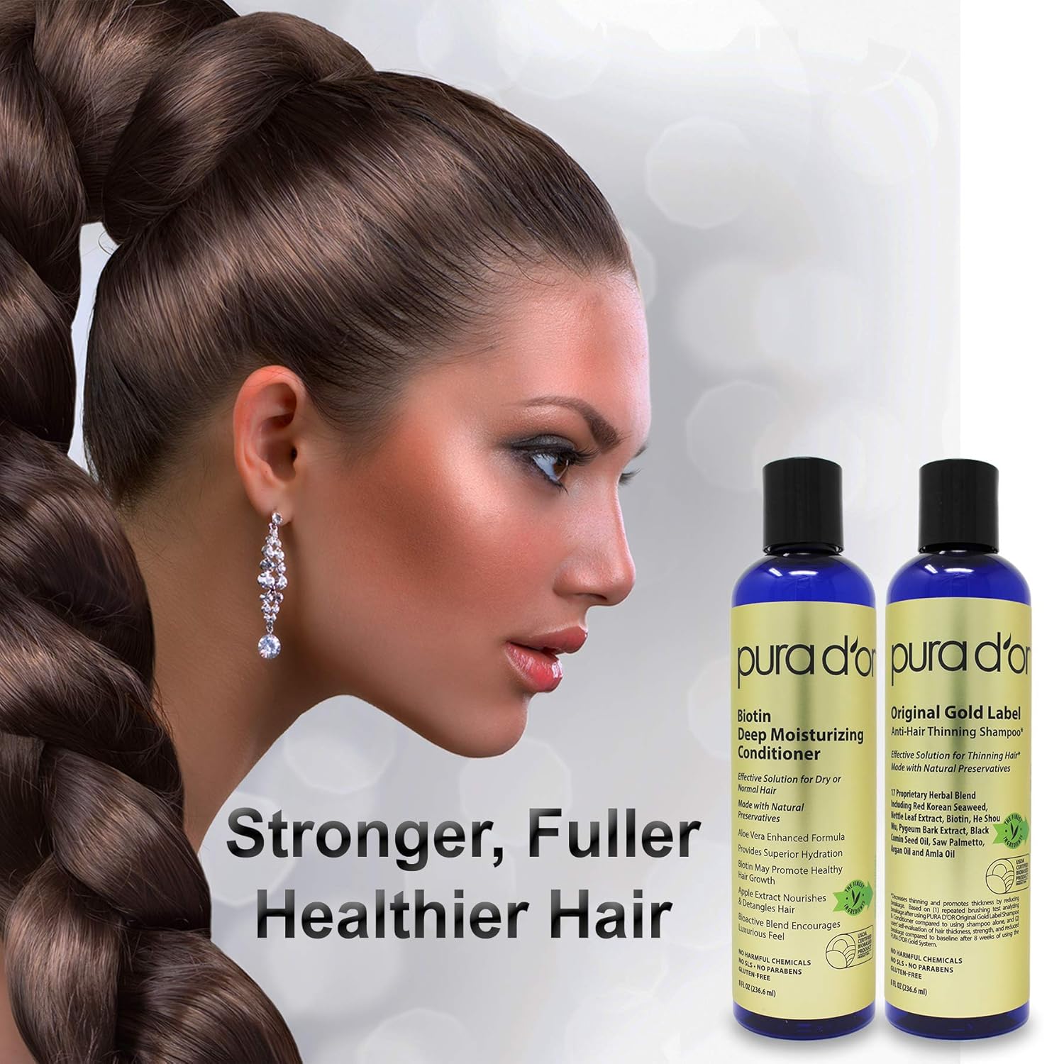 PURA D'OR Anti-Thinning Biotin Shampoo and Conditioner Natural Earthy Scent, CLINICALLY TESTED Effective Results, Herbal Blend Thickening Products For Women & Men, Original Gold Label Set, 8oz x2 - Image 4
