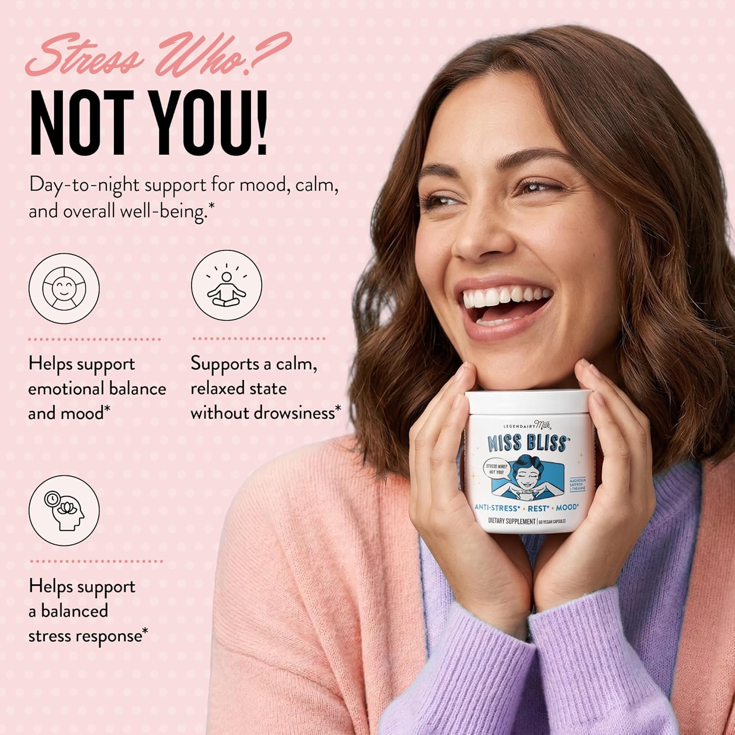 Legendairy Milk Miss Bliss™ Stress Support for Women – Stress Relief Supplement with affron® Saffron, Magnesium Glycinate + Citrate & L-Theanine – Calm & Mood Balance, Non-Drowsy, 60 Vegan Capsules - Image 2