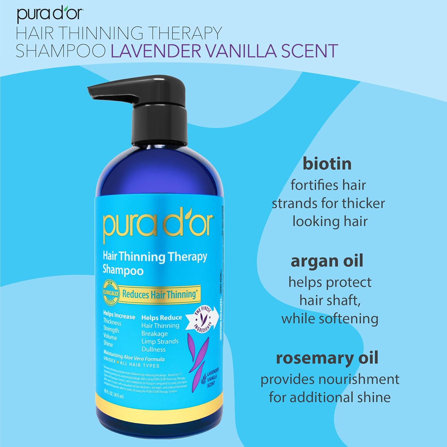 PURA D'OR 16 Oz Hair Thinning Therapy Biotin Shampoo - LAVENDER VANILLA Scent - CLINICALLY TESTED Effective Results, Herbal Blend Hair Thickening Products Women & Men, Color Safe Routine Shampoo - Image 2