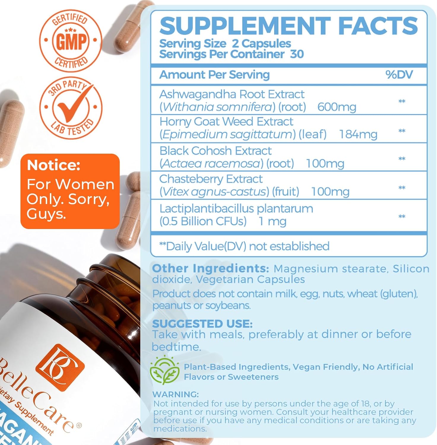 BELLECARE Ashwagandha 600mg with Probiotic & Vitex | Cortisol Reducer, Hormone Balance for Women, Menopause Supplement for Stress, Hot Flashes, Night Sweats, Mood & Sleep Support,60 Count - Image 2